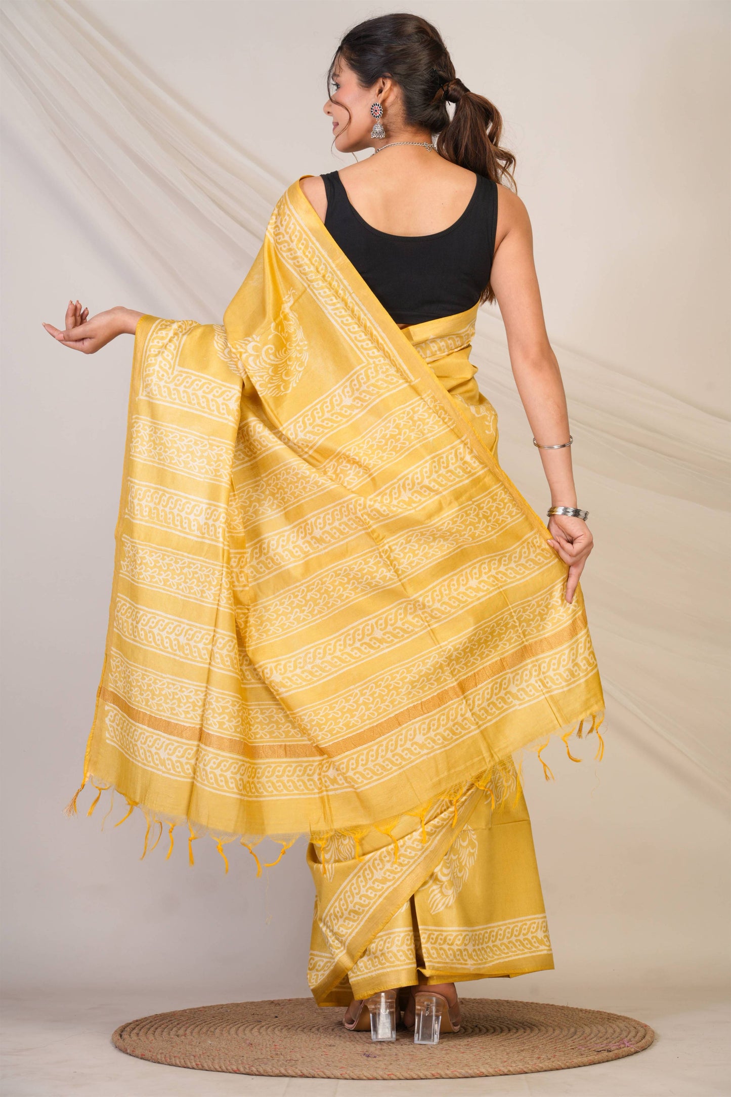 Anuttara Bhagalpuri Olive Green Cotton Silk Animal (Peacock Print) Saree with Unstitched Blouse_AFS1393-FS