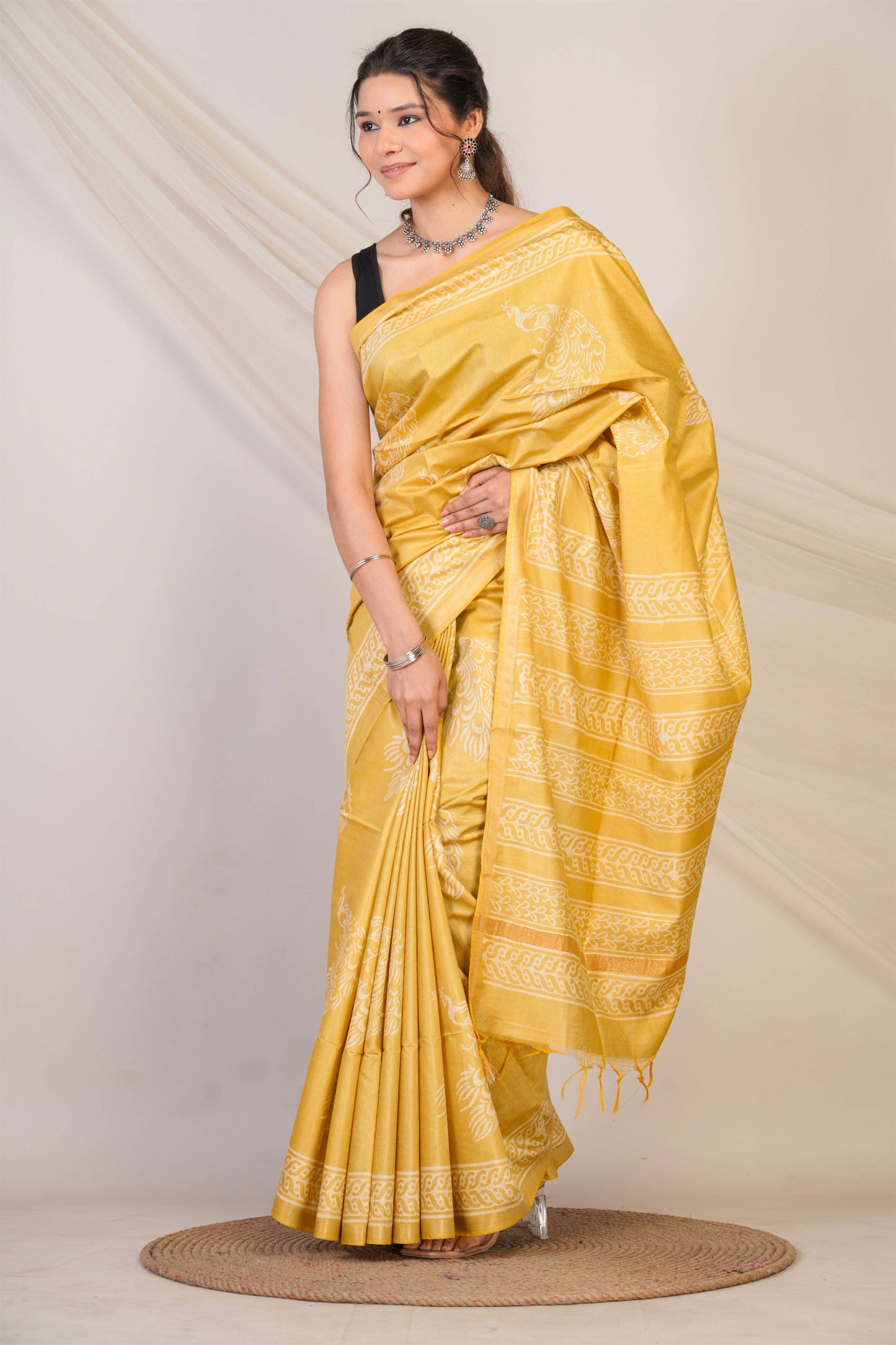 Anuttara Bhagalpuri Olive Green Cotton Silk Animal (Peacock Print) Saree with Unstitched Blouse_AFS1393-FS