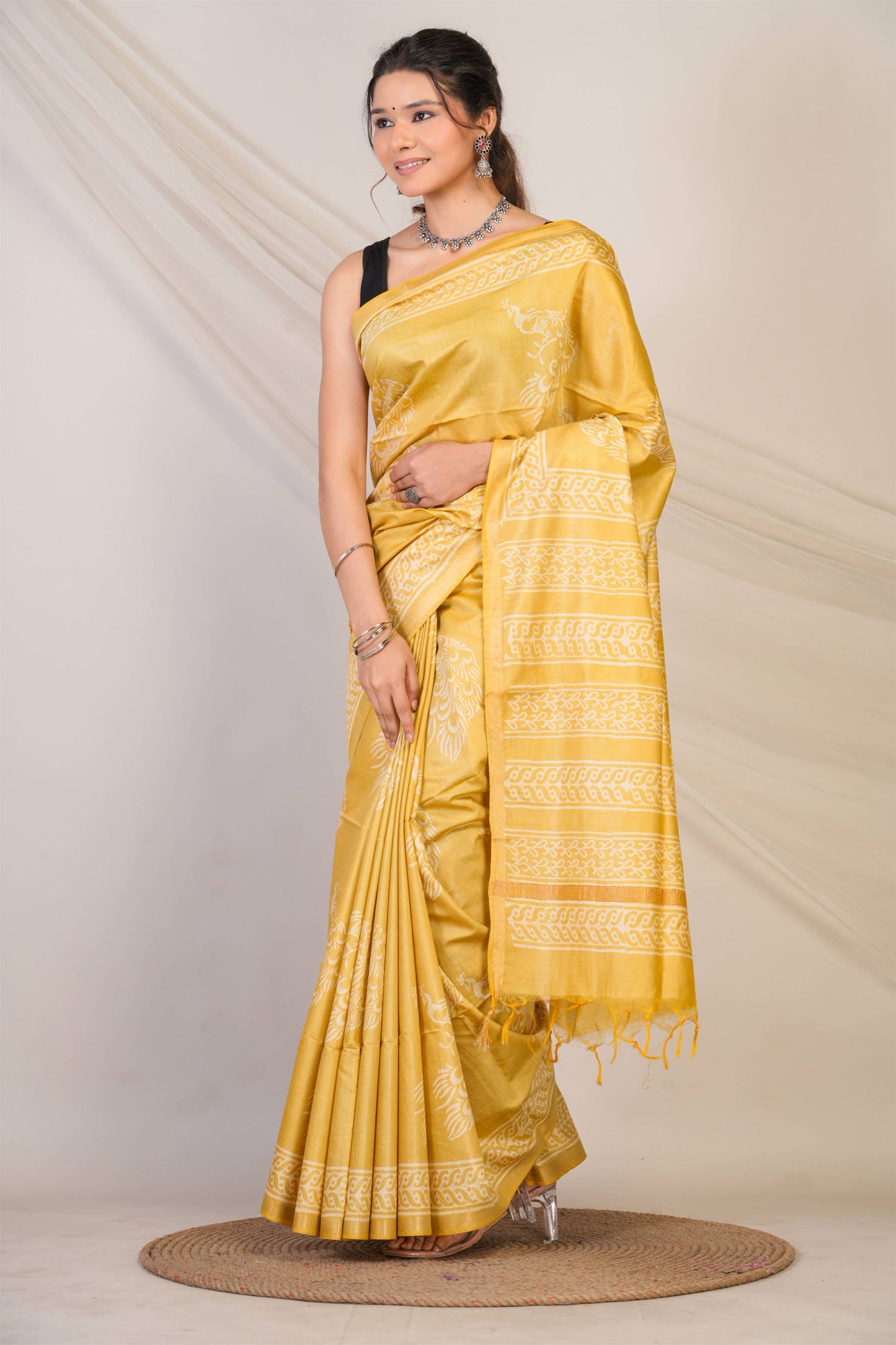 Anuttara Bhagalpuri Olive Green Cotton Silk Animal (Peacock Print) Saree with Unstitched Blouse_AFS1393-FS