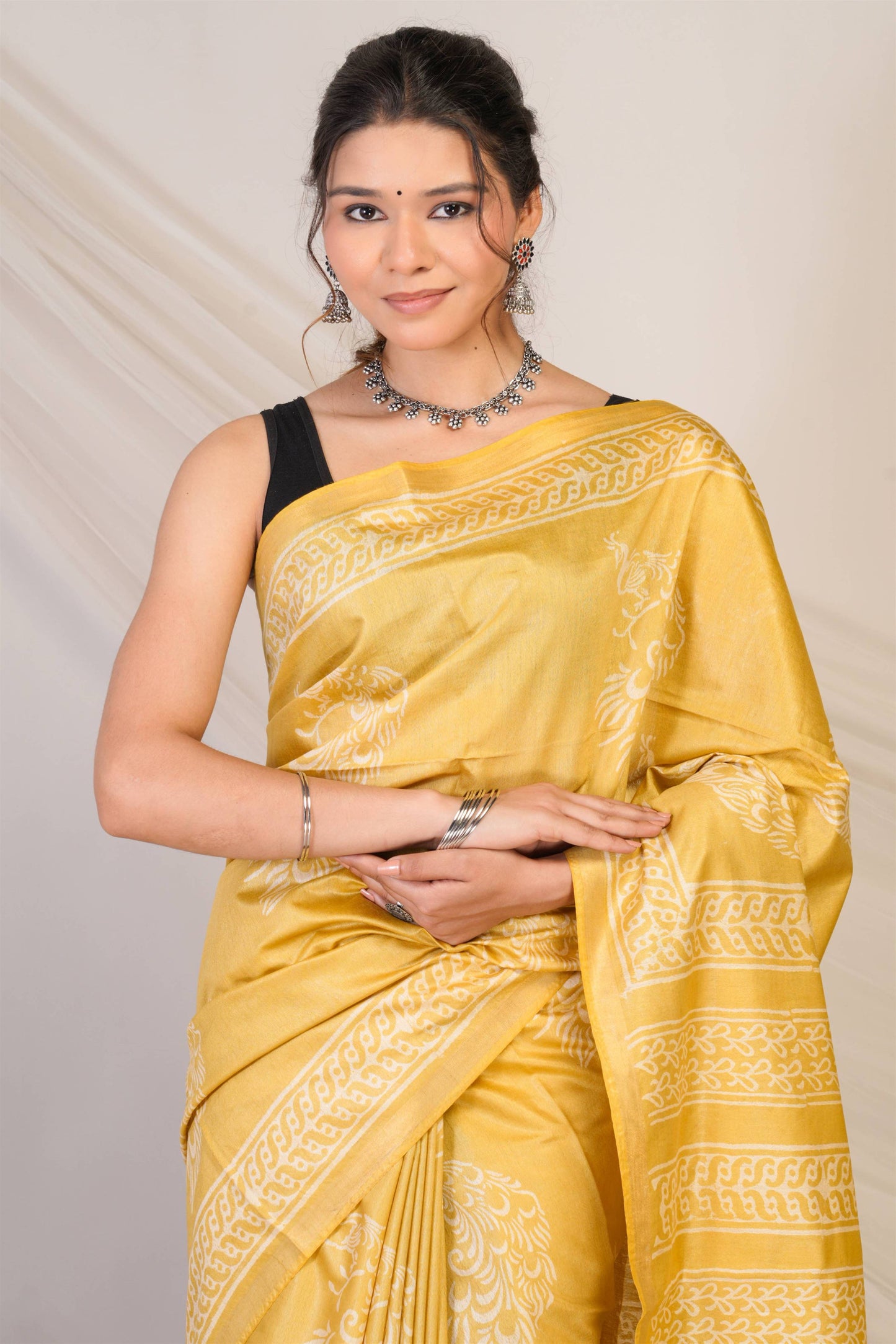 Anuttara Bhagalpuri Olive Green Cotton Silk Animal (Peacock Print) Saree with Unstitched Blouse_AFS1393-FS