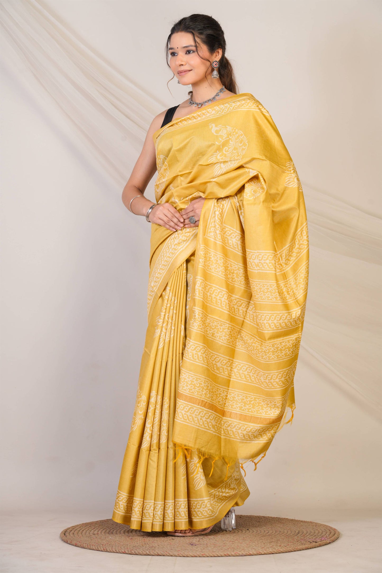 Anuttara Bhagalpuri Olive Green Cotton Silk Animal (Peacock Print) Saree with Unstitched Blouse_AFS1393-FS