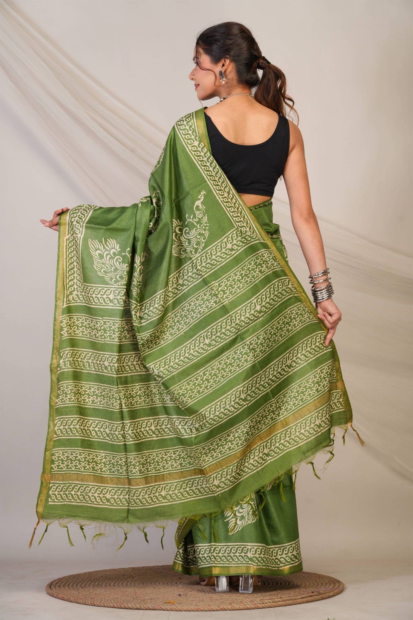 Anuttara Bhagalpuri Green Cotton Silk Animal (Peacock Print) Saree with Unstitched Blouse_AFS1394-FS