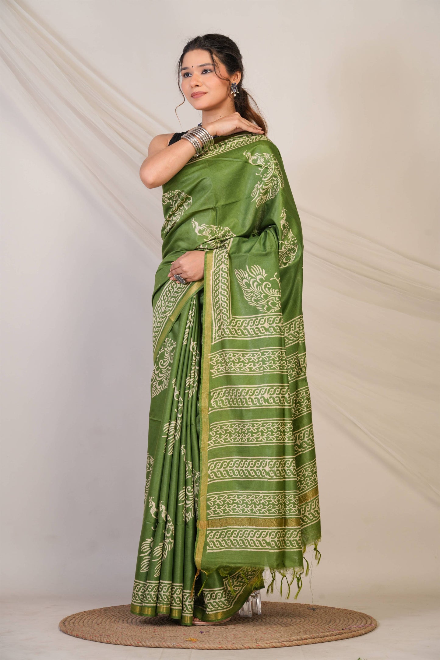 Anuttara Bhagalpuri Green Cotton Silk Animal (Peacock Print) Saree with Unstitched Blouse_AFS1394-FS