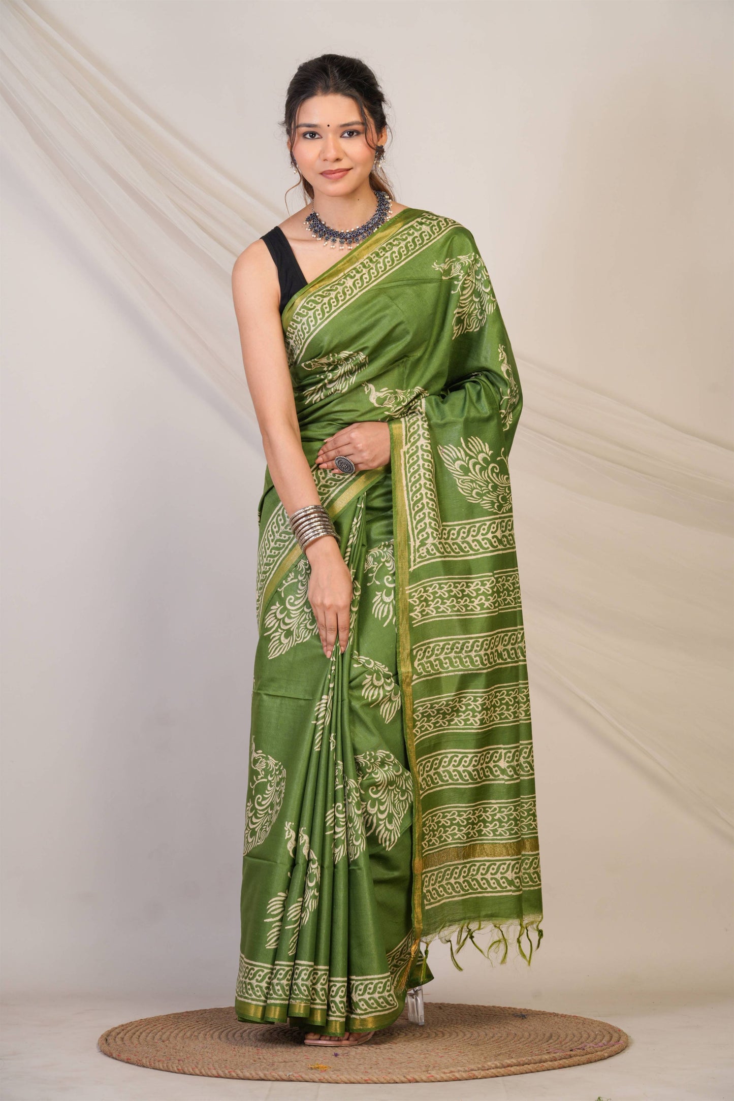 Anuttara Bhagalpuri Green Cotton Silk Animal (Peacock Print) Saree with Unstitched Blouse_AFS1394-FS