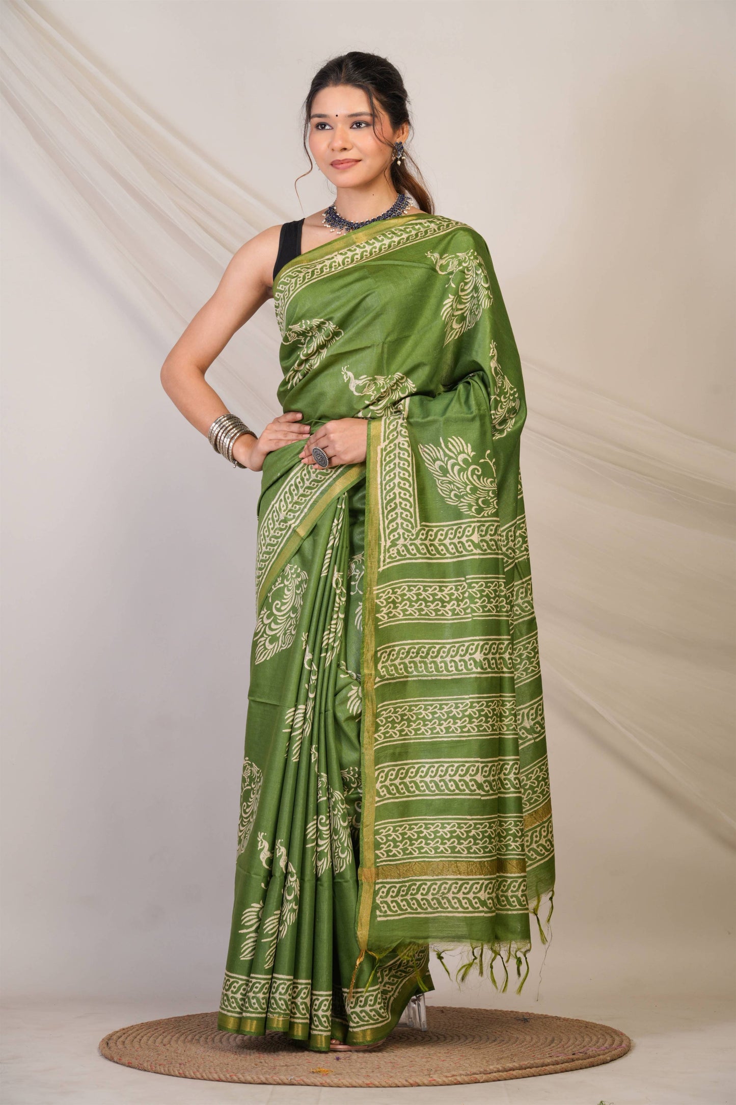 Anuttara Bhagalpuri Green Cotton Silk Animal (Peacock Print) Saree with Unstitched Blouse_AFS1394-FS
