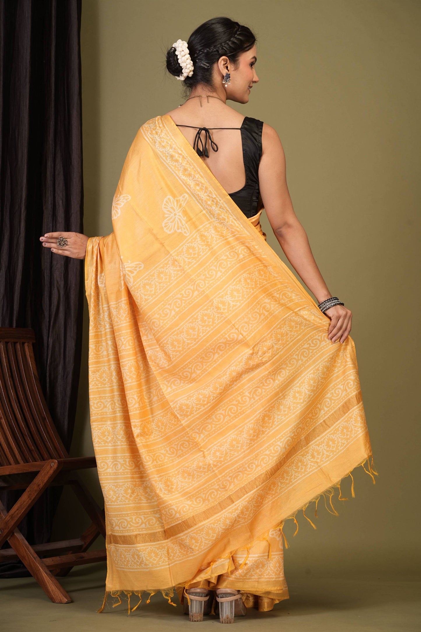 Anuttara Bhagalpuri Yellow Cotton Silk Animal (Butterfly Print) Saree with Unstitched Blouse_AFS1395-FS