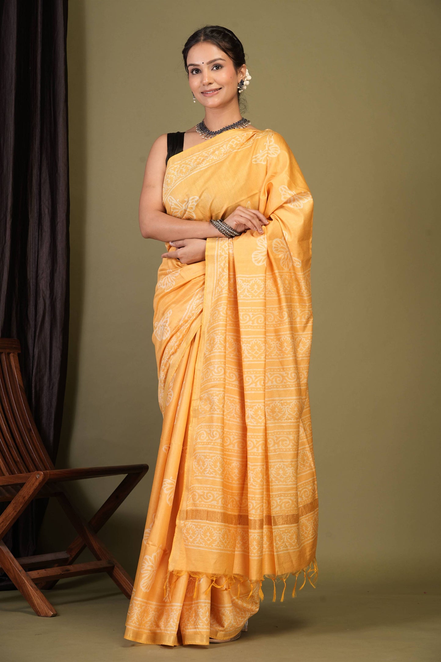 Anuttara Bhagalpuri Yellow Cotton Silk Animal (Butterfly Print) Saree with Unstitched Blouse_AFS1395-FS