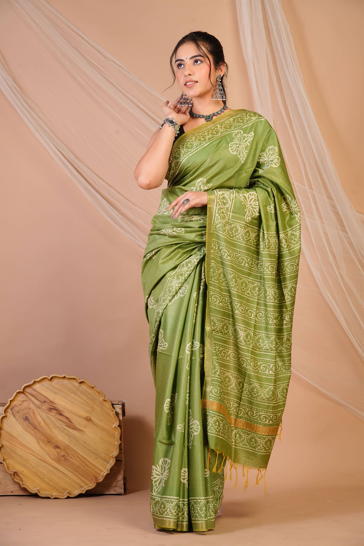 Anuttara Bhagalpuri Green Cotton Silk Animal (Butterfly Print) Saree with Unstitched Blouse_AFS1396-FS