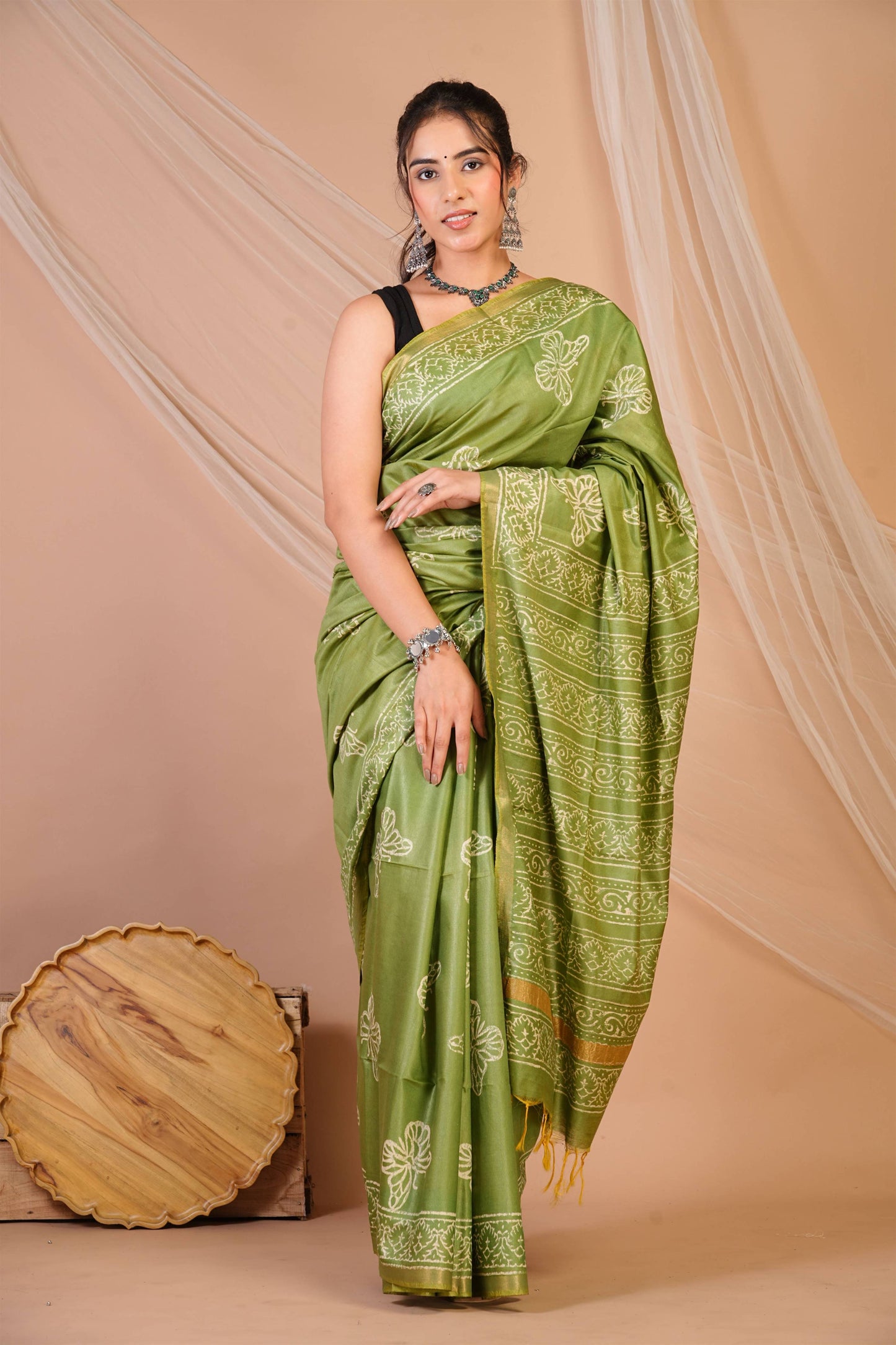 Anuttara Bhagalpuri Green Cotton Silk Animal (Butterfly Print) Saree with Unstitched Blouse_AFS1396-FS