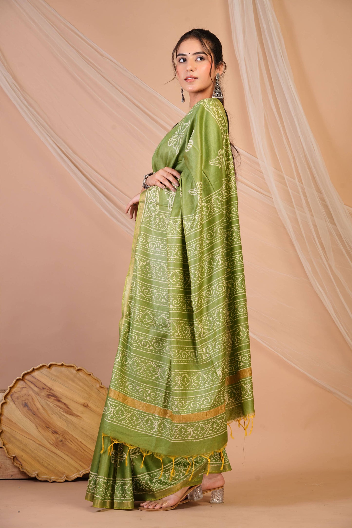 Anuttara Bhagalpuri Green Cotton Silk Animal (Butterfly Print) Saree with Unstitched Blouse_AFS1396-FS