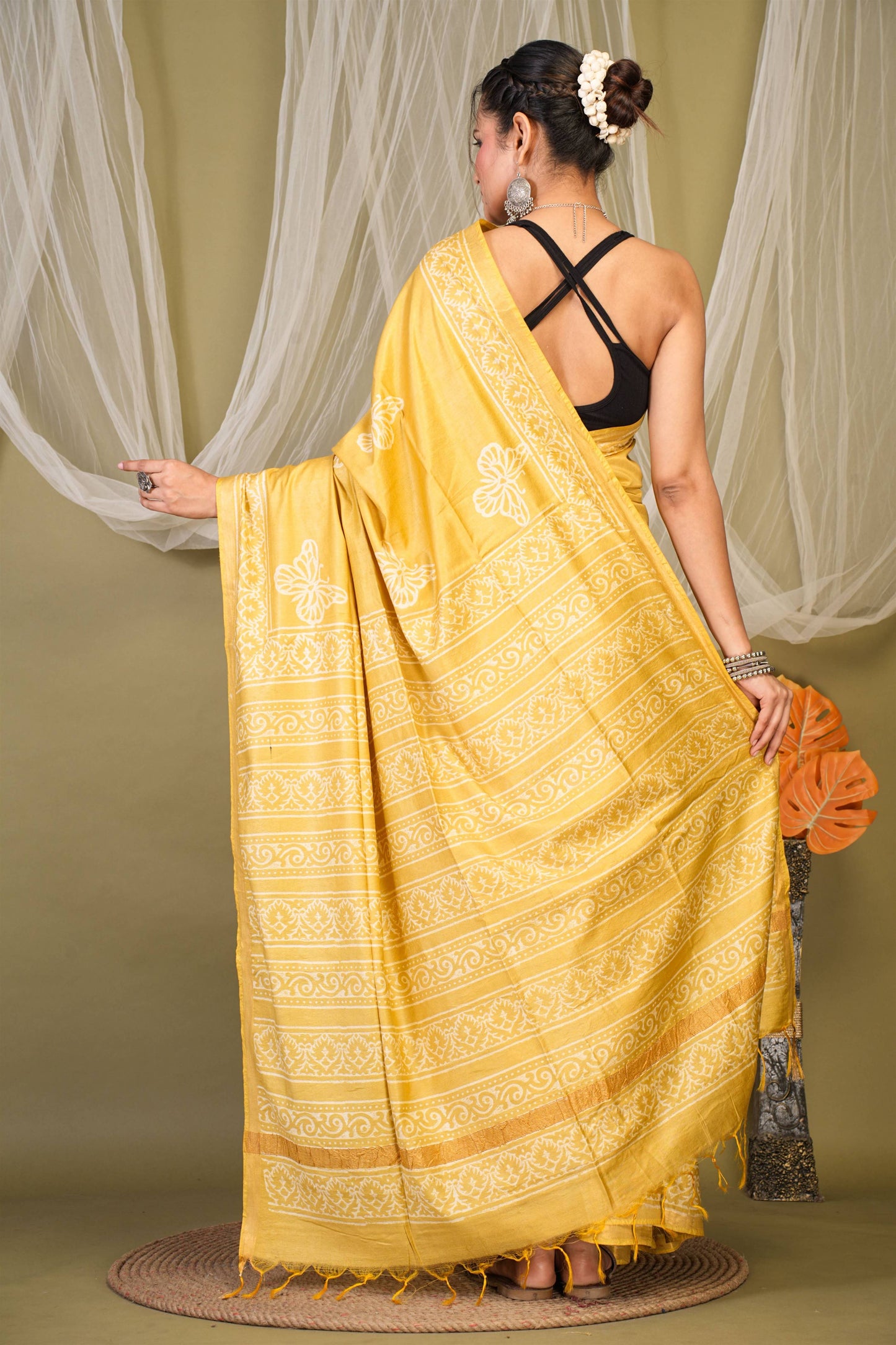 Anuttara Bhagalpuri Olive Green Cotton Silk Animal (Butterfly Print) Saree with Unstitched Blouse_AFS1397-FS