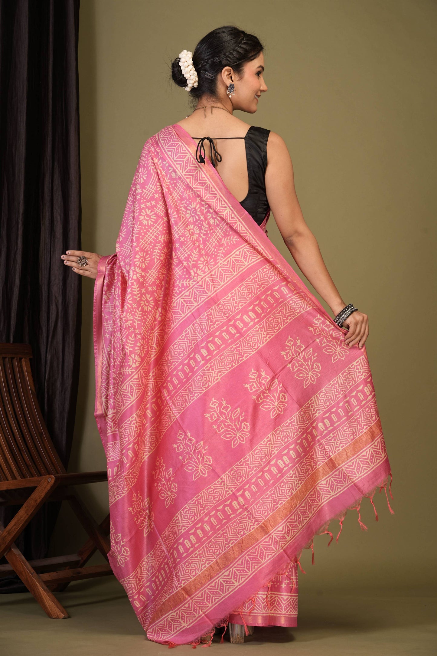 Anuttara Bhagalpuri Light Pink Cotton Silk Tribal Print Saree with Unstitched Blouse_AFS1398-FS