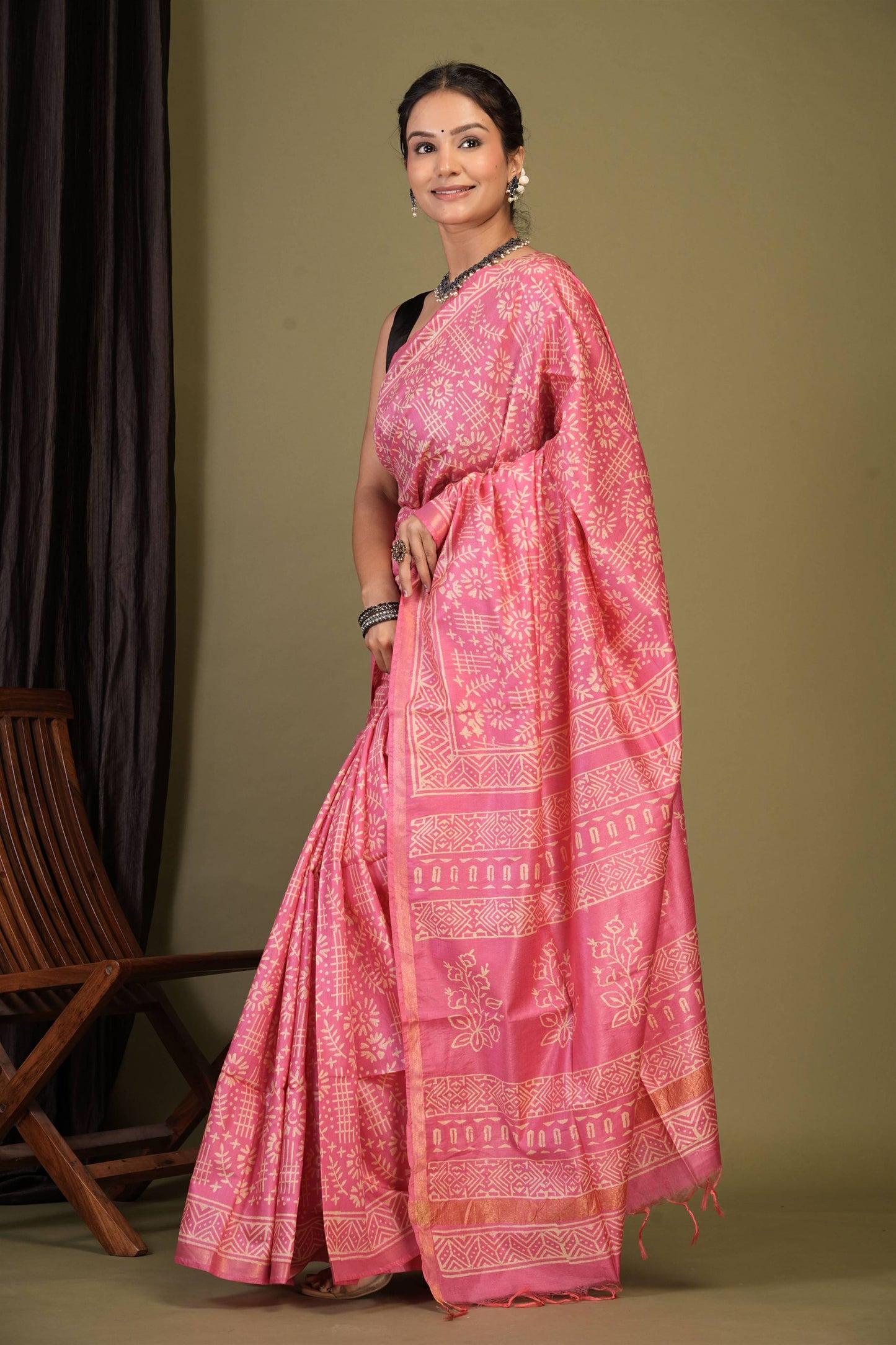 Anuttara Bhagalpuri Light Pink Cotton Silk Tribal Print Saree with Unstitched Blouse_AFS1398-FS