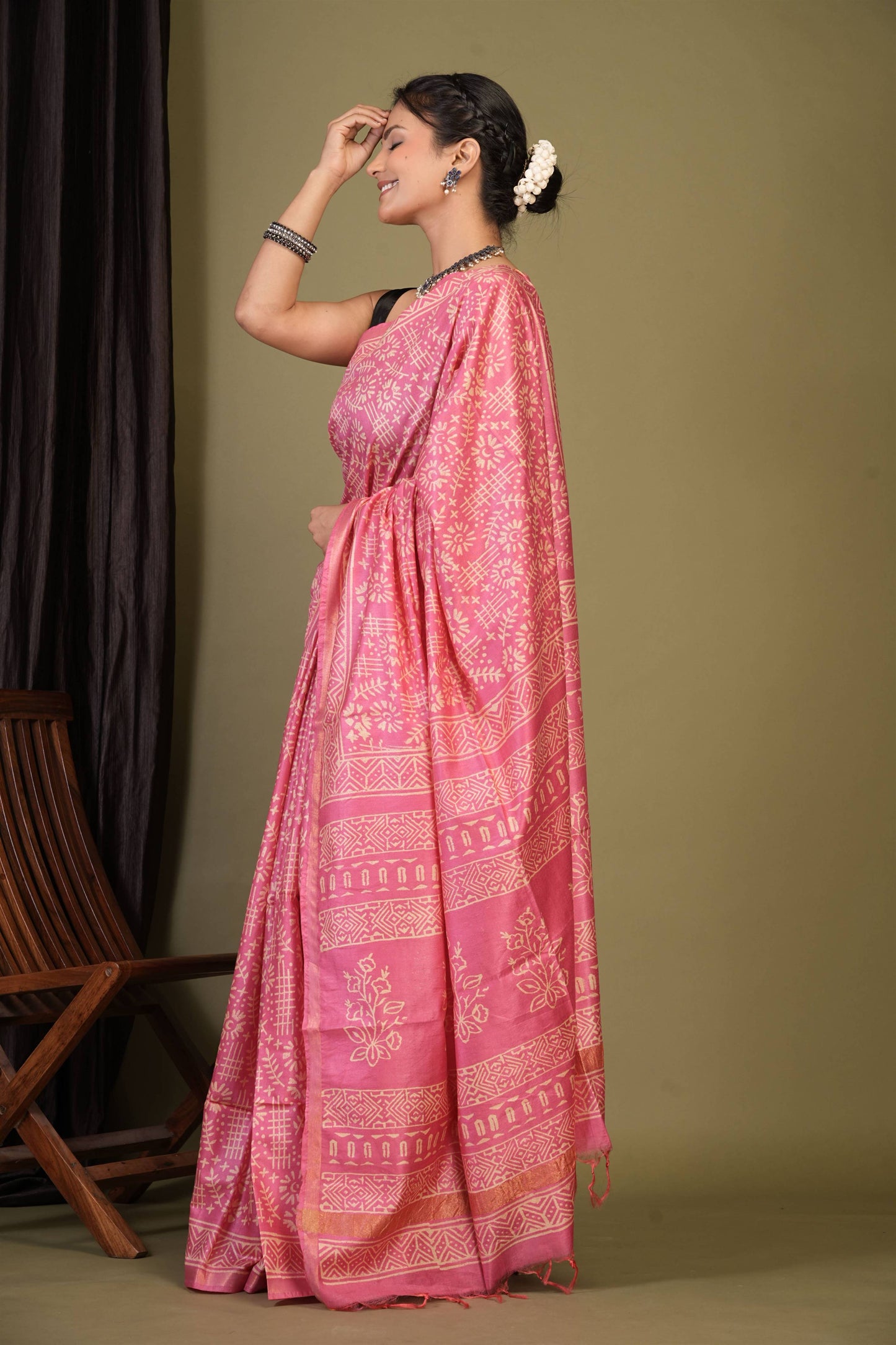 Anuttara Bhagalpuri Light Pink Cotton Silk Tribal Print Saree with Unstitched Blouse_AFS1398-FS