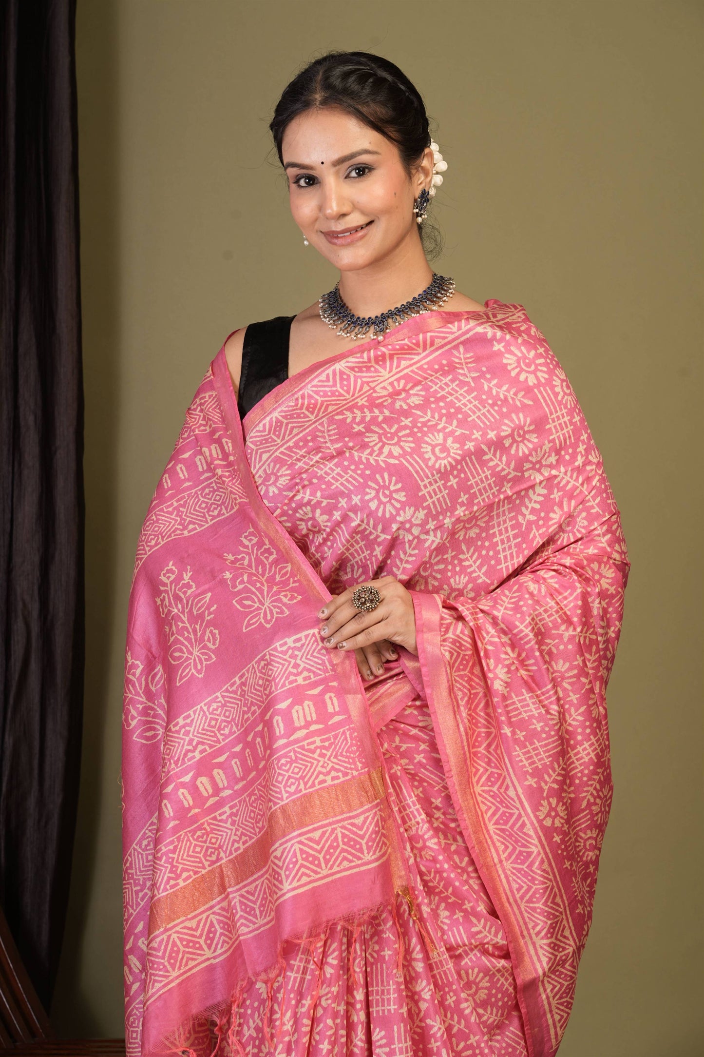 Anuttara Bhagalpuri Light Pink Cotton Silk Tribal Print Saree with Unstitched Blouse_AFS1398-FS