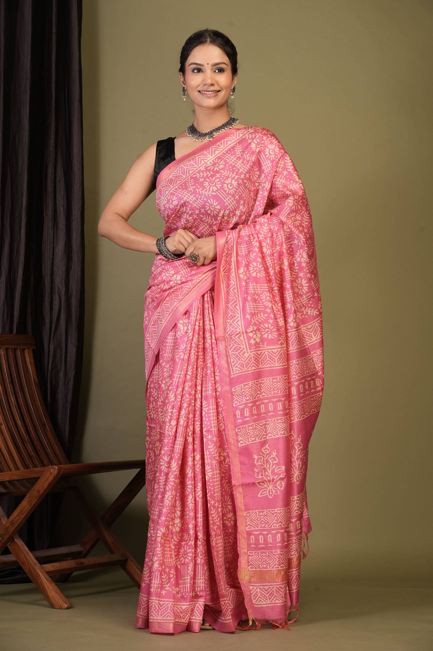 Anuttara Bhagalpuri Light Pink Cotton Silk Tribal Print Saree with Unstitched Blouse_AFS1398-FS