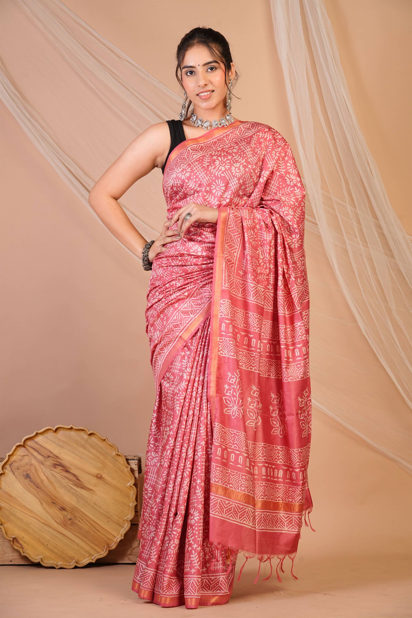 Anuttara Bhagalpuri Rouge Pink Cotton Silk Tribal Print Saree with Unstitched Blouse_AFS1399-FS