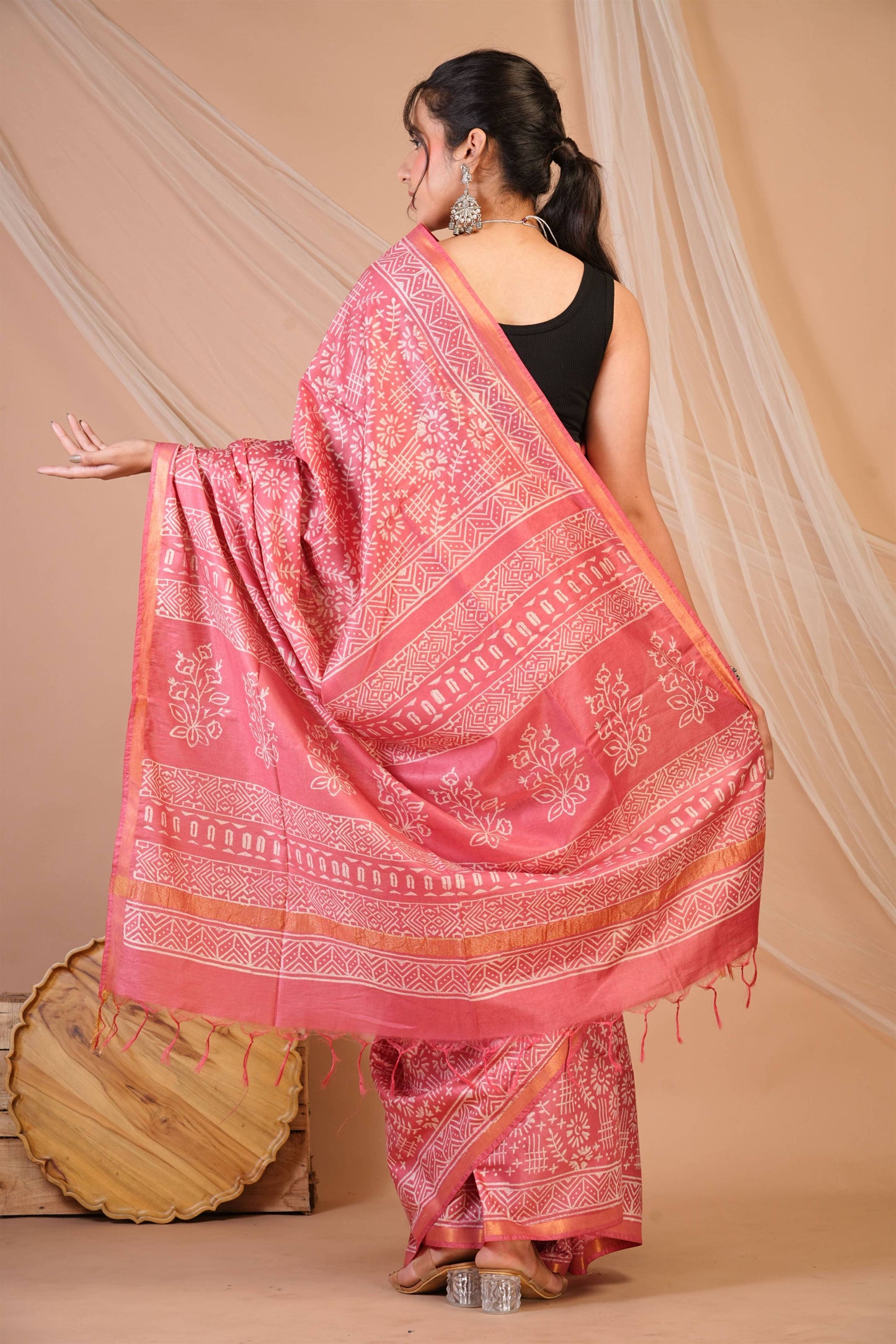 Anuttara Bhagalpuri Rouge Pink Cotton Silk Tribal Print Saree with Unstitched Blouse_AFS1399-FS
