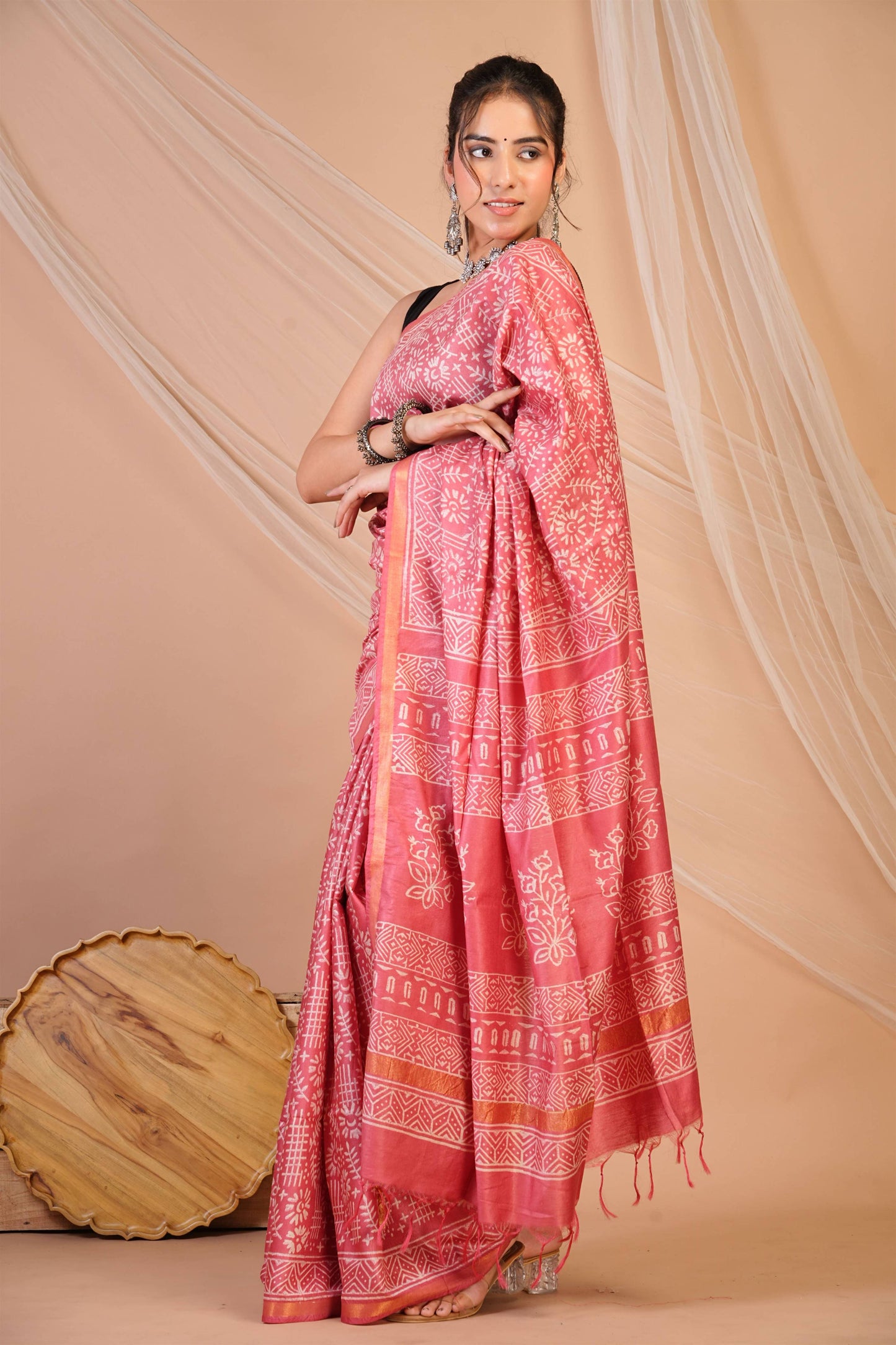 Anuttara Bhagalpuri Rouge Pink Cotton Silk Tribal Print Saree with Unstitched Blouse_AFS1399-FS