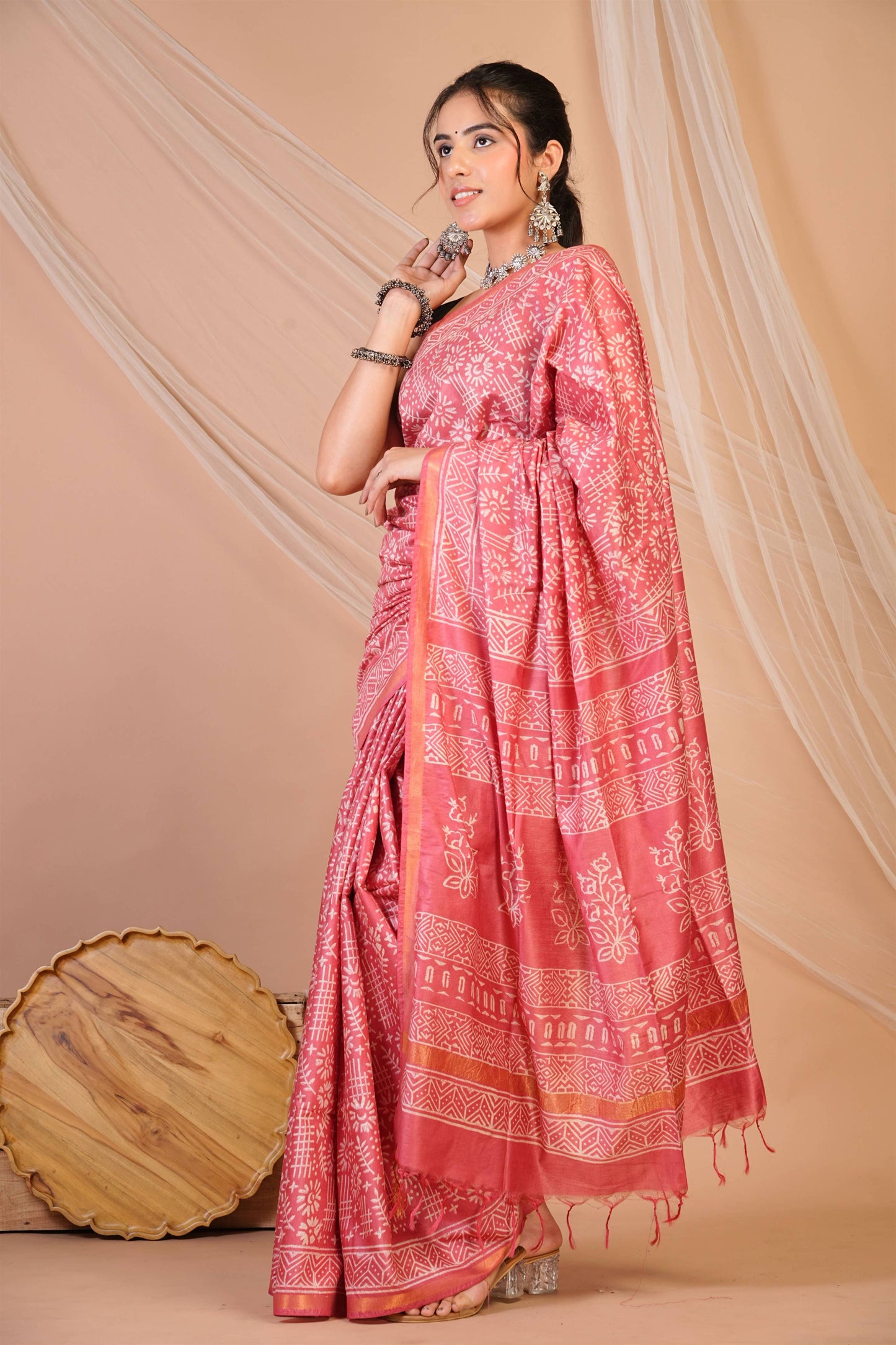 Anuttara Bhagalpuri Rouge Pink Cotton Silk Tribal Print Saree with Unstitched Blouse_AFS1399-FS