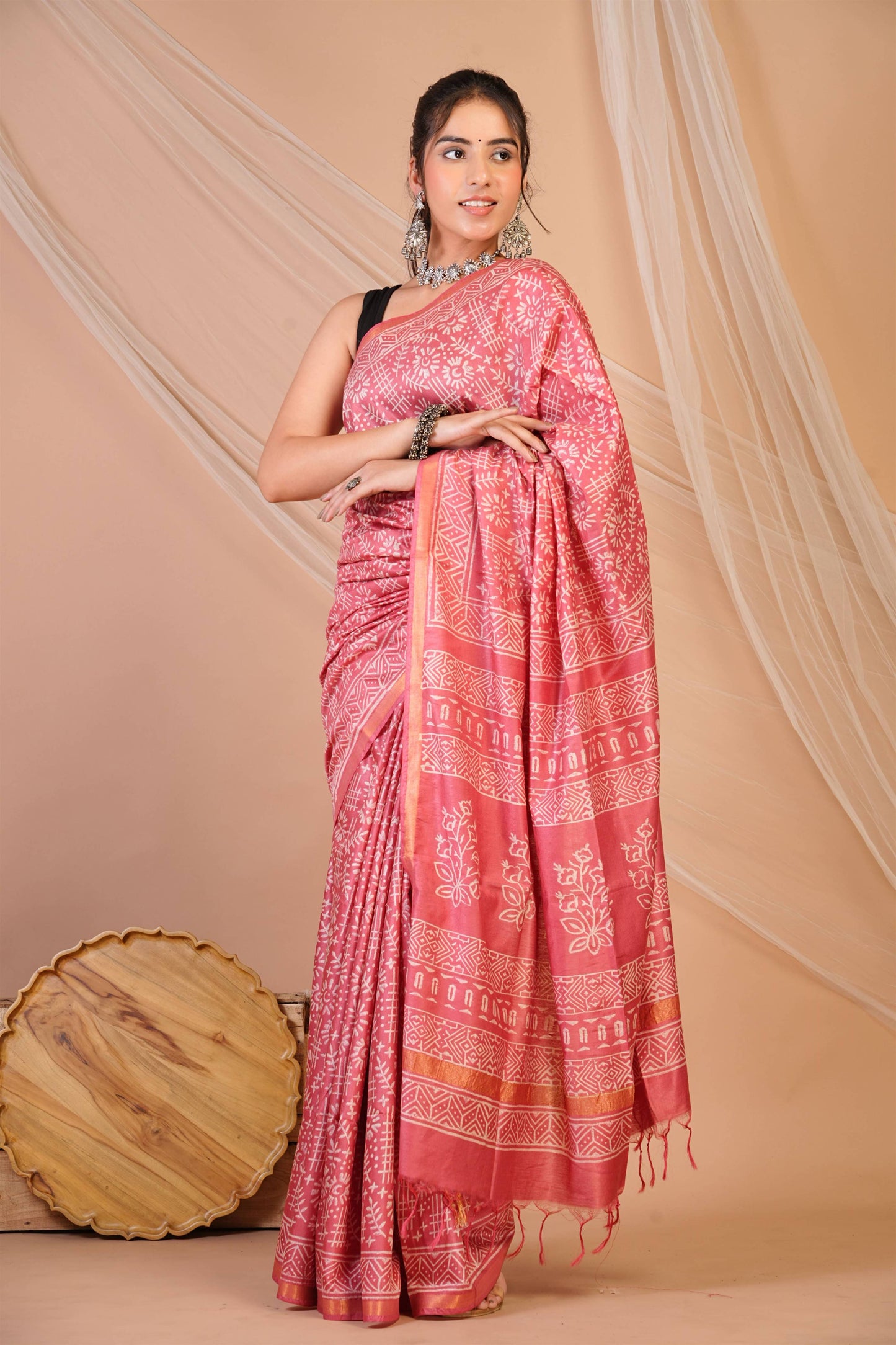 Anuttara Bhagalpuri Rouge Pink Cotton Silk Tribal Print Saree with Unstitched Blouse_AFS1399-FS