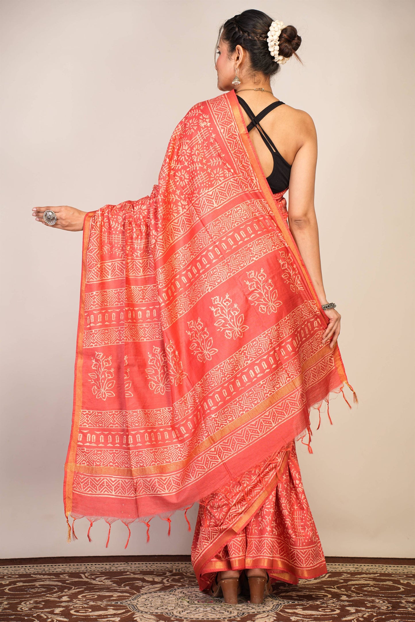 Anuttara Bhagalpuri Red Cotton Silk Tribal Print Saree with Unstitched Blouse_AFS1400-FS