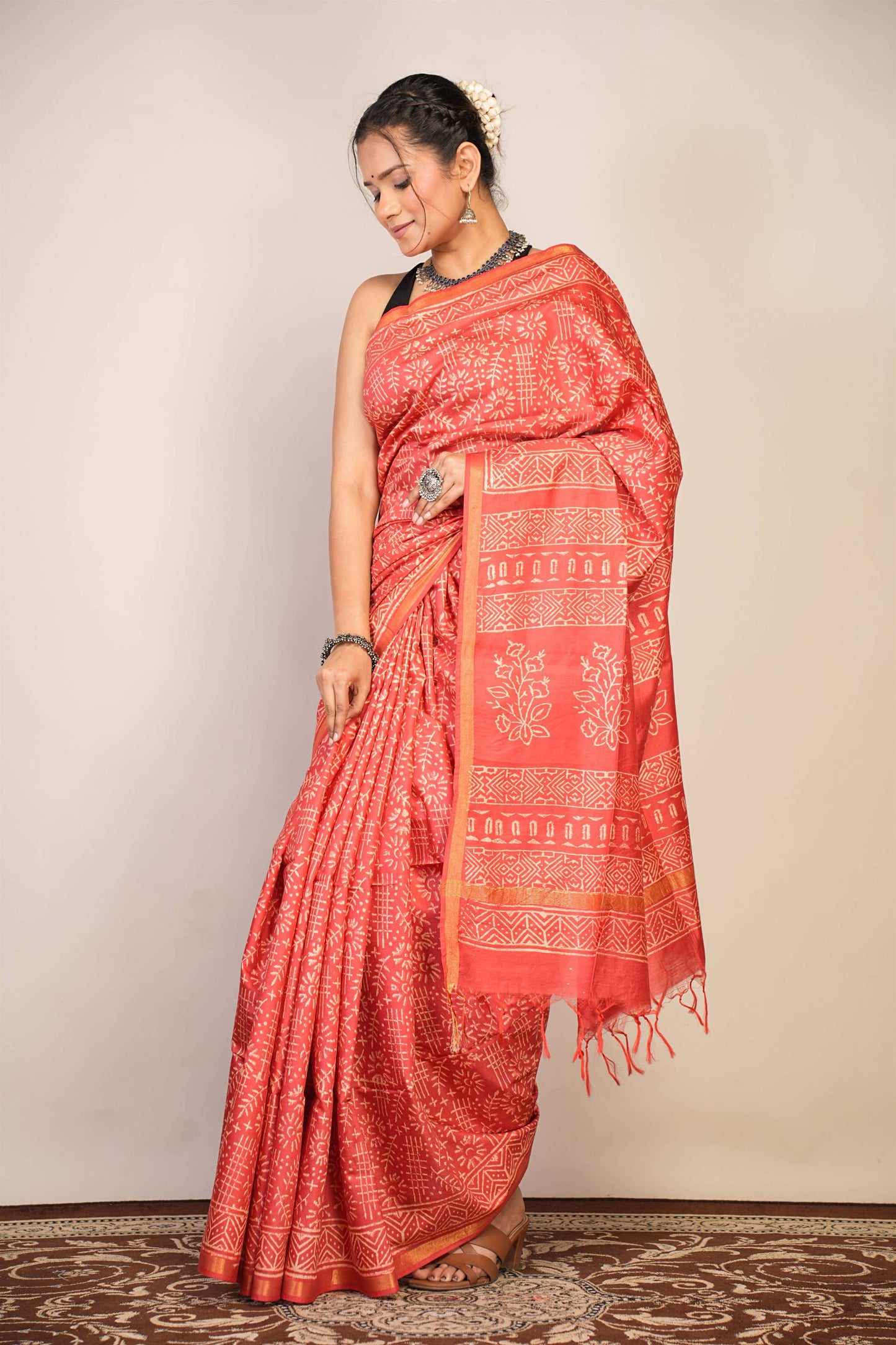 Anuttara Bhagalpuri Red Cotton Silk Tribal Print Saree with Unstitched Blouse_AFS1400-FS