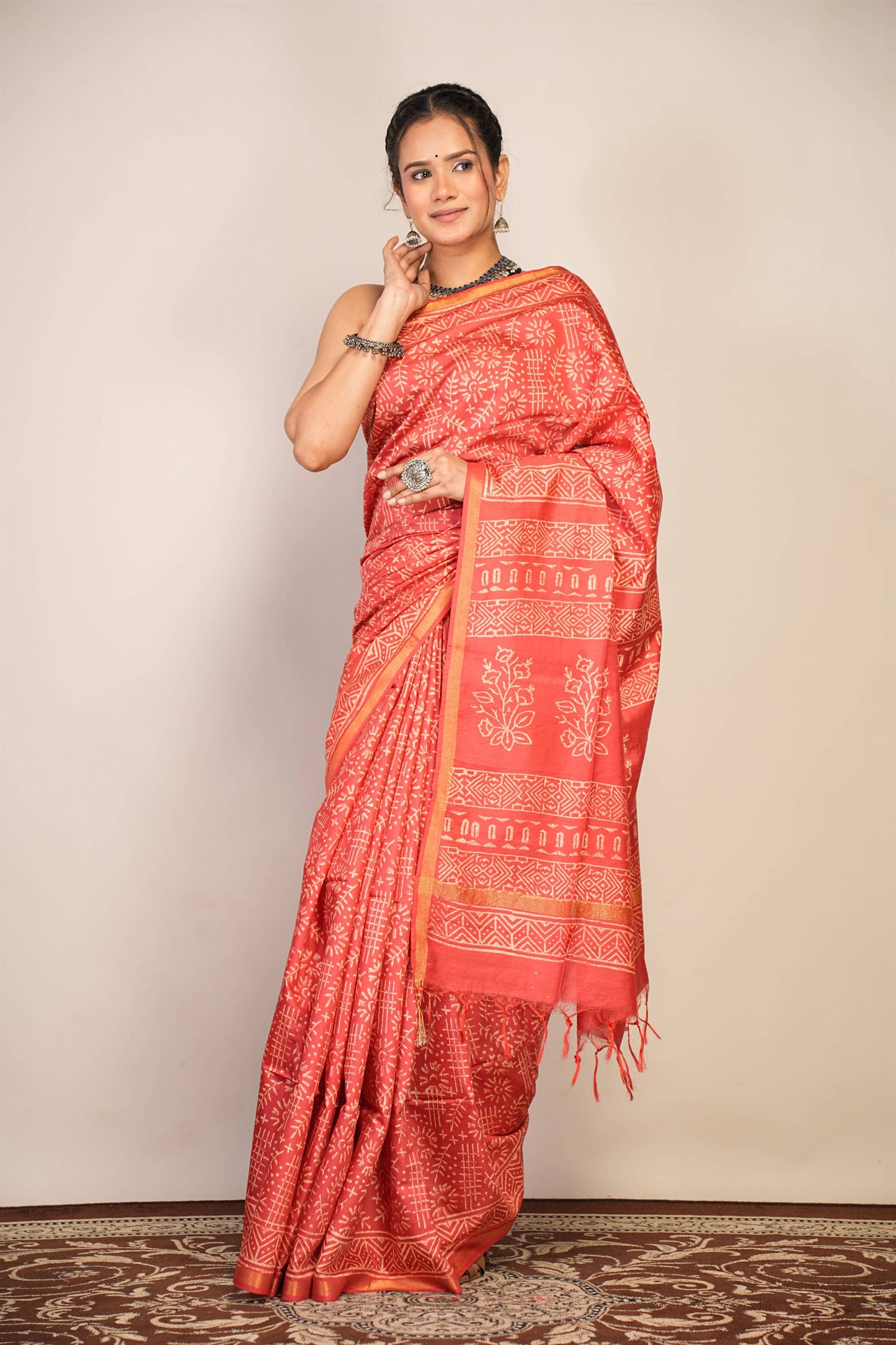 Anuttara Bhagalpuri Red Cotton Silk Tribal Print Saree with Unstitched Blouse_AFS1400-FS