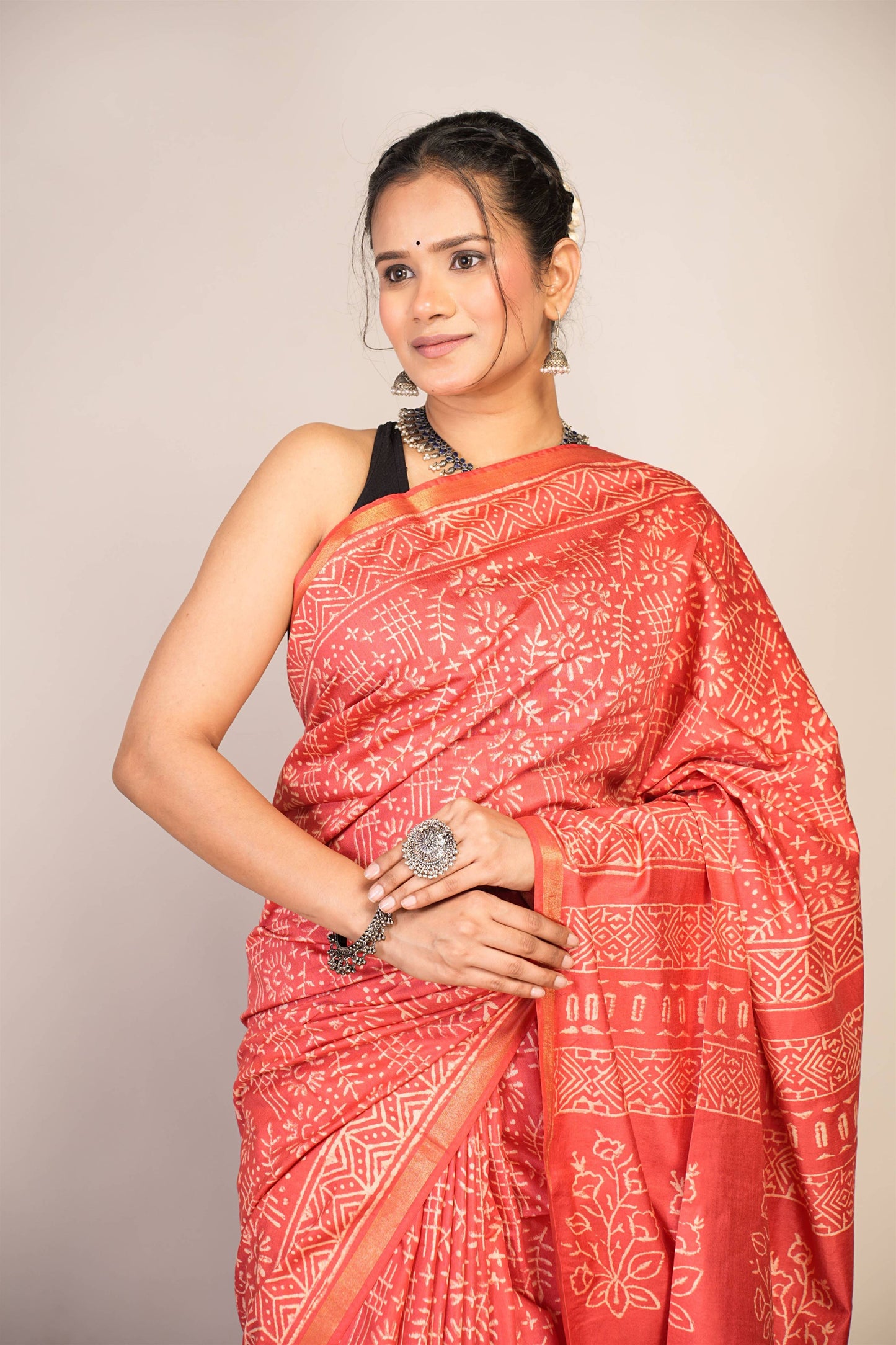 Anuttara Bhagalpuri Red Cotton Silk Tribal Print Saree with Unstitched Blouse_AFS1400-FS