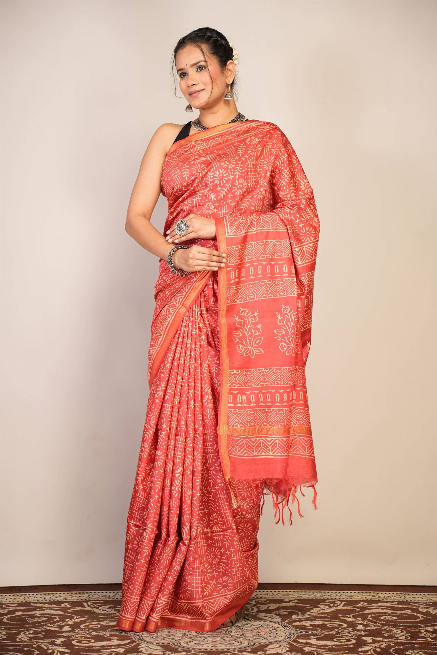 Anuttara Bhagalpuri Red Cotton Silk Tribal Print Saree with Unstitched Blouse_AFS1400-FS