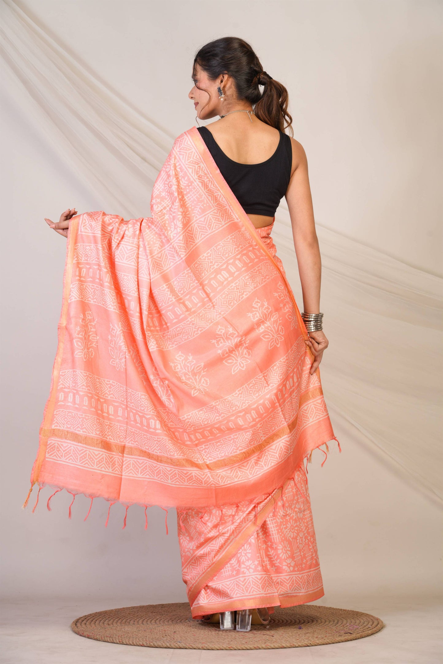 Anuttara Bhagalpuri Peach Cotton Silk Tribal Print Saree with Unstitched Blouse_AFS1401-FS