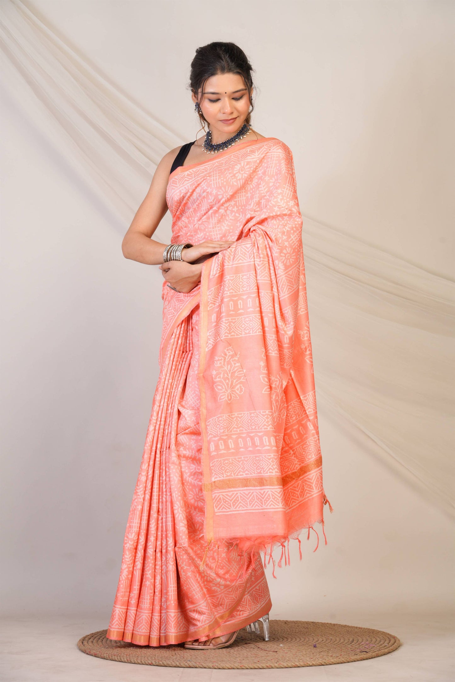 Anuttara Bhagalpuri Peach Cotton Silk Tribal Print Saree with Unstitched Blouse_AFS1401-FS