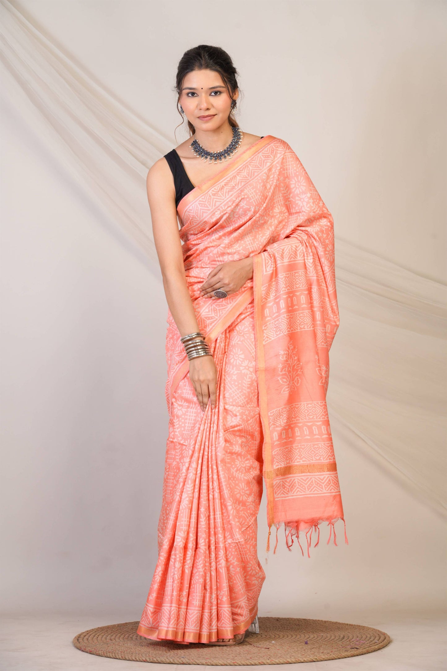Anuttara Bhagalpuri Peach Cotton Silk Tribal Print Saree with Unstitched Blouse_AFS1401-FS