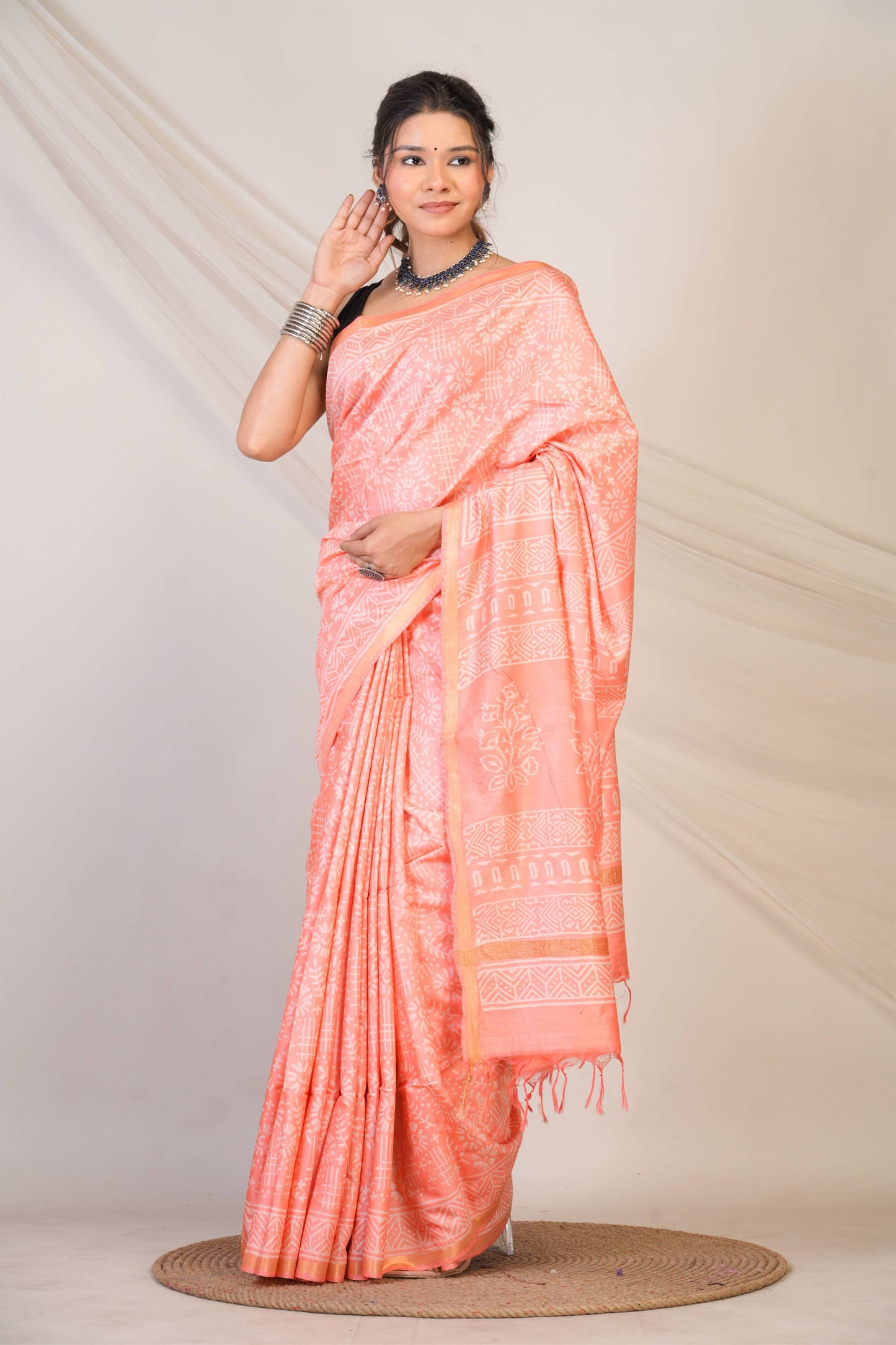 Anuttara Bhagalpuri Peach Cotton Silk Tribal Print Saree with Unstitched Blouse_AFS1401-FS