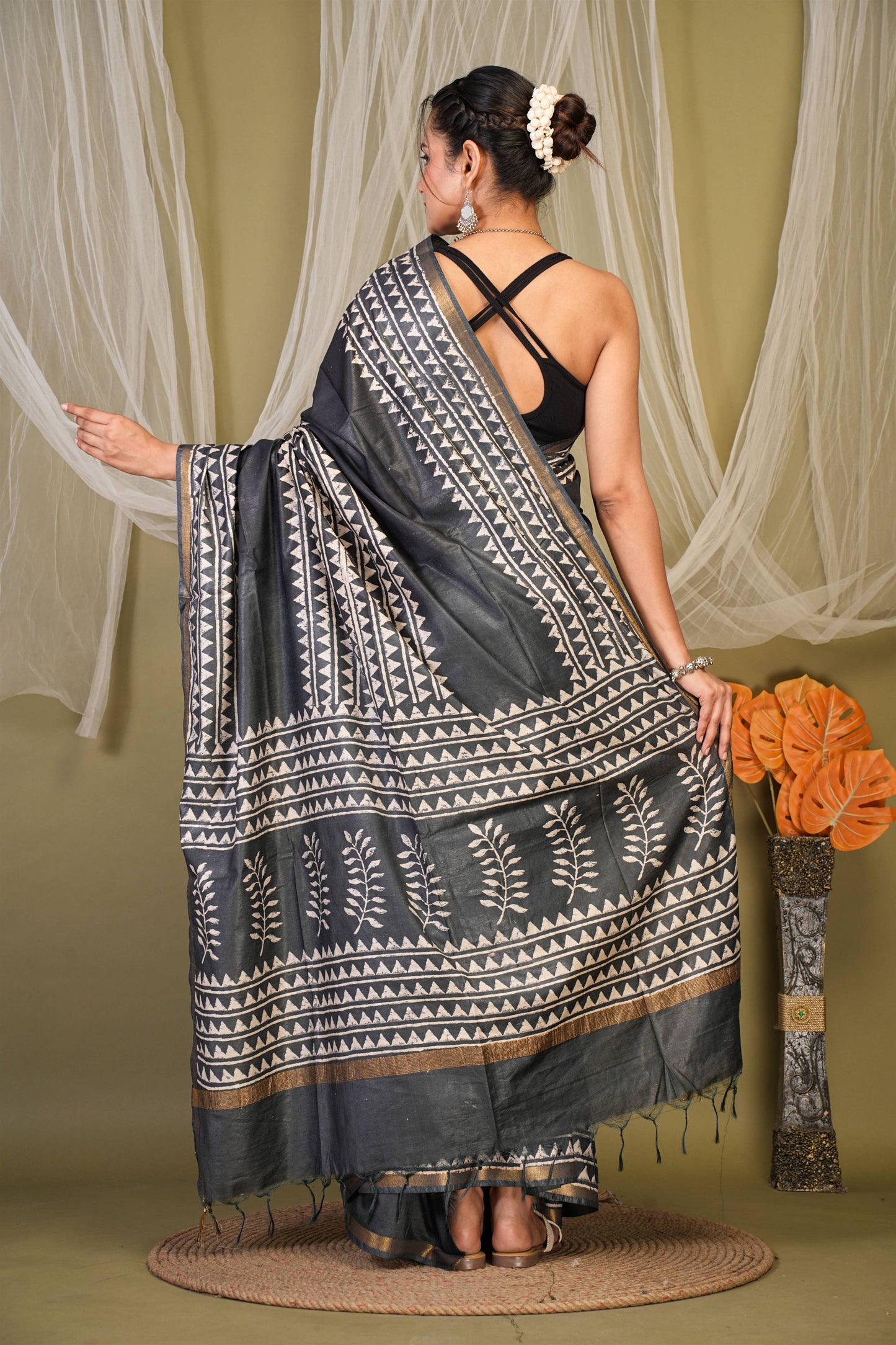 Anuttara Bhagalpuri Black Cotton Silk Geometric Saree with Unstitched Blouse_AFS1402-FS