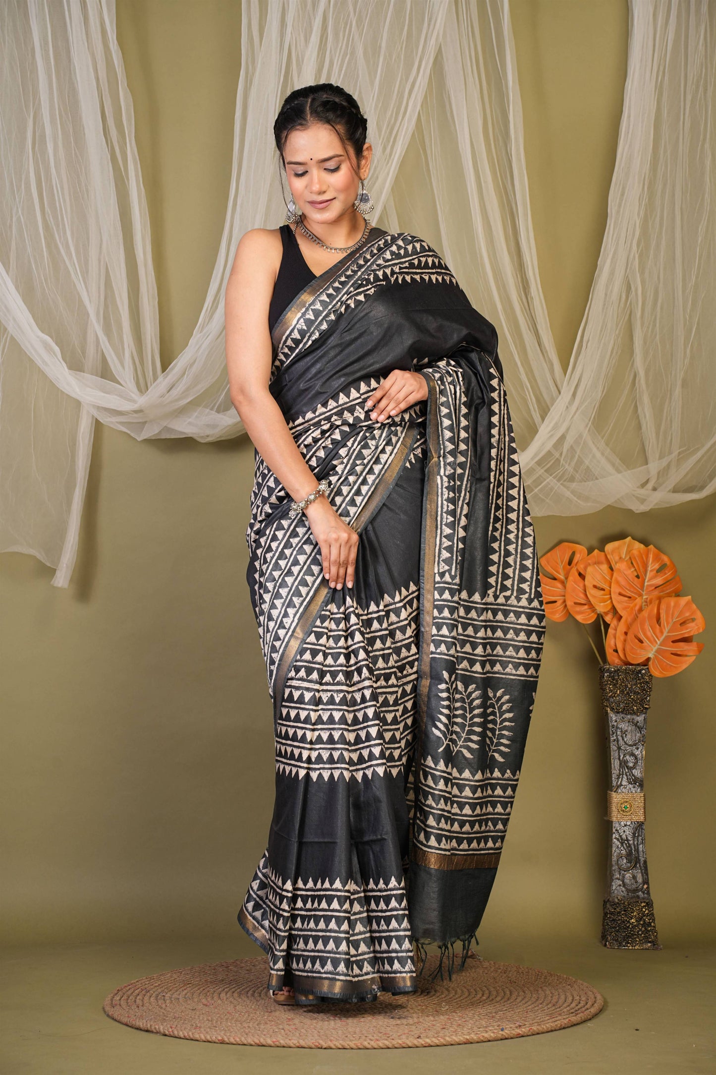 Anuttara Bhagalpuri Black Cotton Silk Geometric Saree with Unstitched Blouse_AFS1402-FS