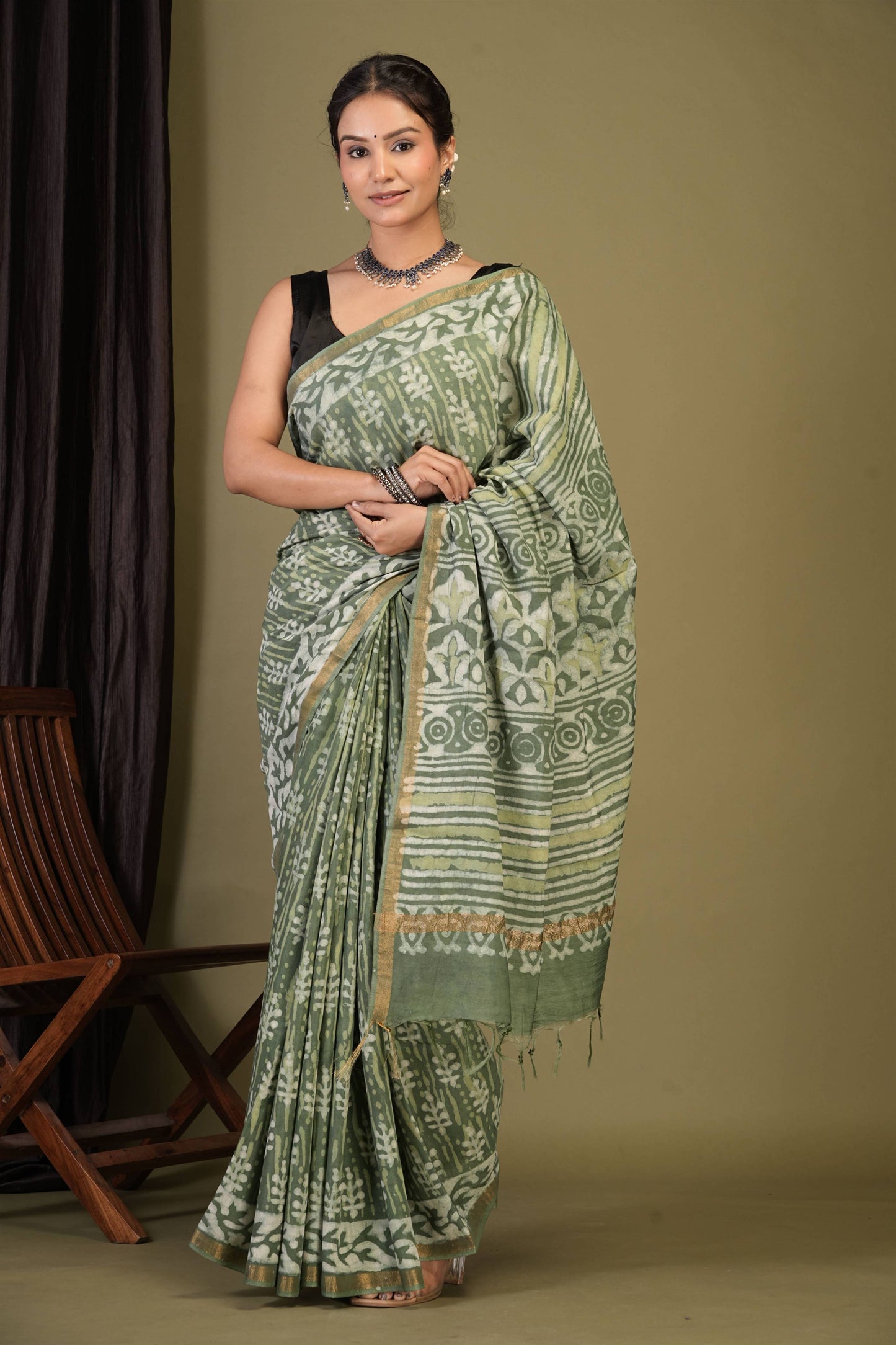 Anuttara Bhagalpuri Sage Green Cotton Silk Dabu Print (Hand Block) Saree with Unstitched Blouse_AFS1403-FS