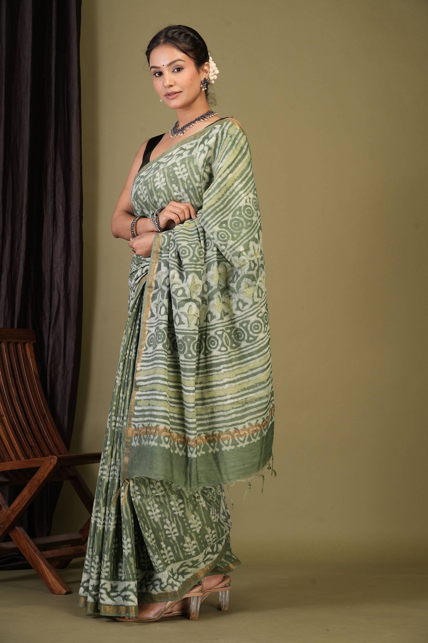 Anuttara Bhagalpuri Sage Green Cotton Silk Dabu Print (Hand Block) Saree with Unstitched Blouse_AFS1403-FS