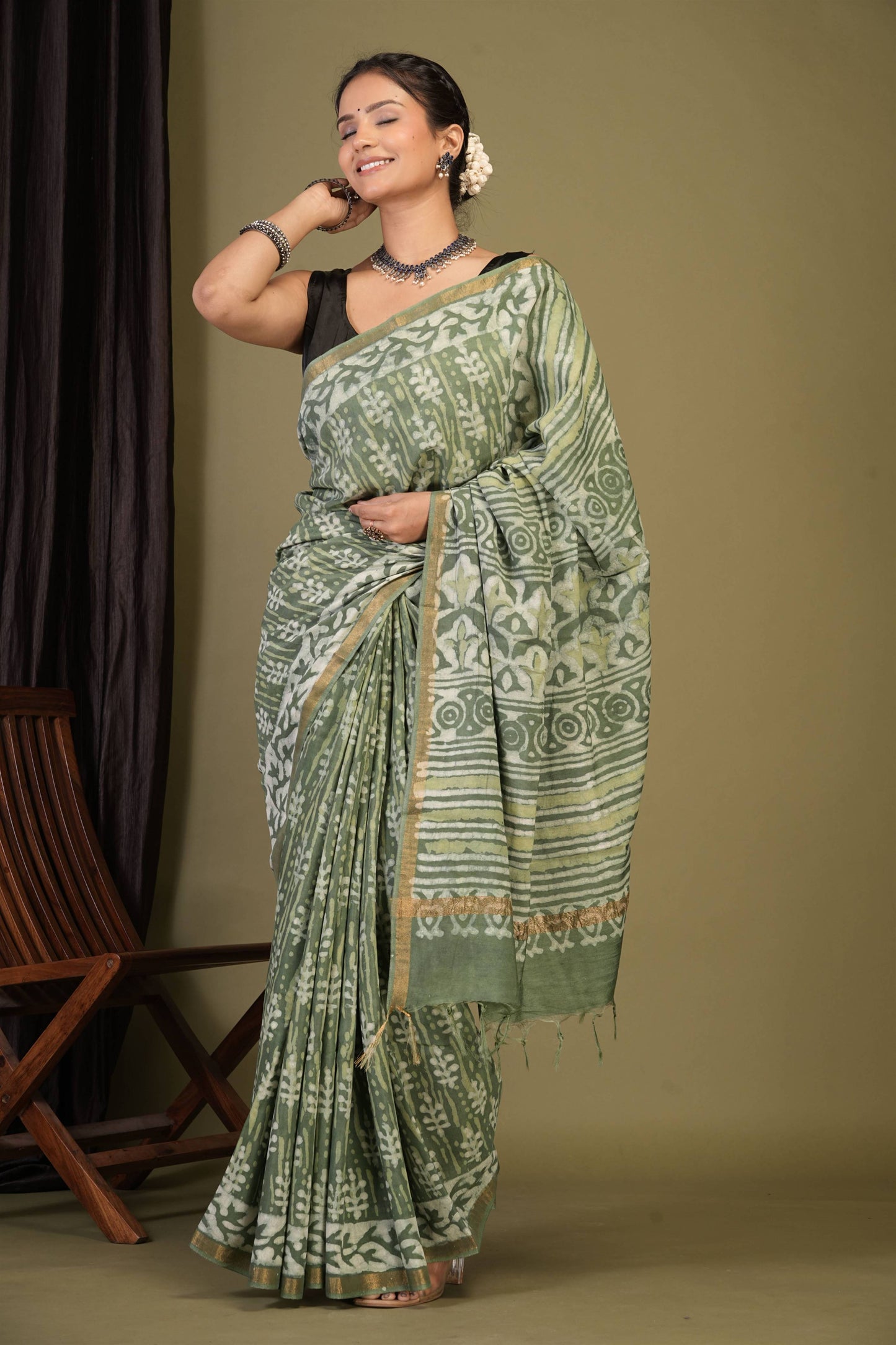 Anuttara Bhagalpuri Sage Green Cotton Silk Dabu Print (Hand Block) Saree with Unstitched Blouse_AFS1403-FS