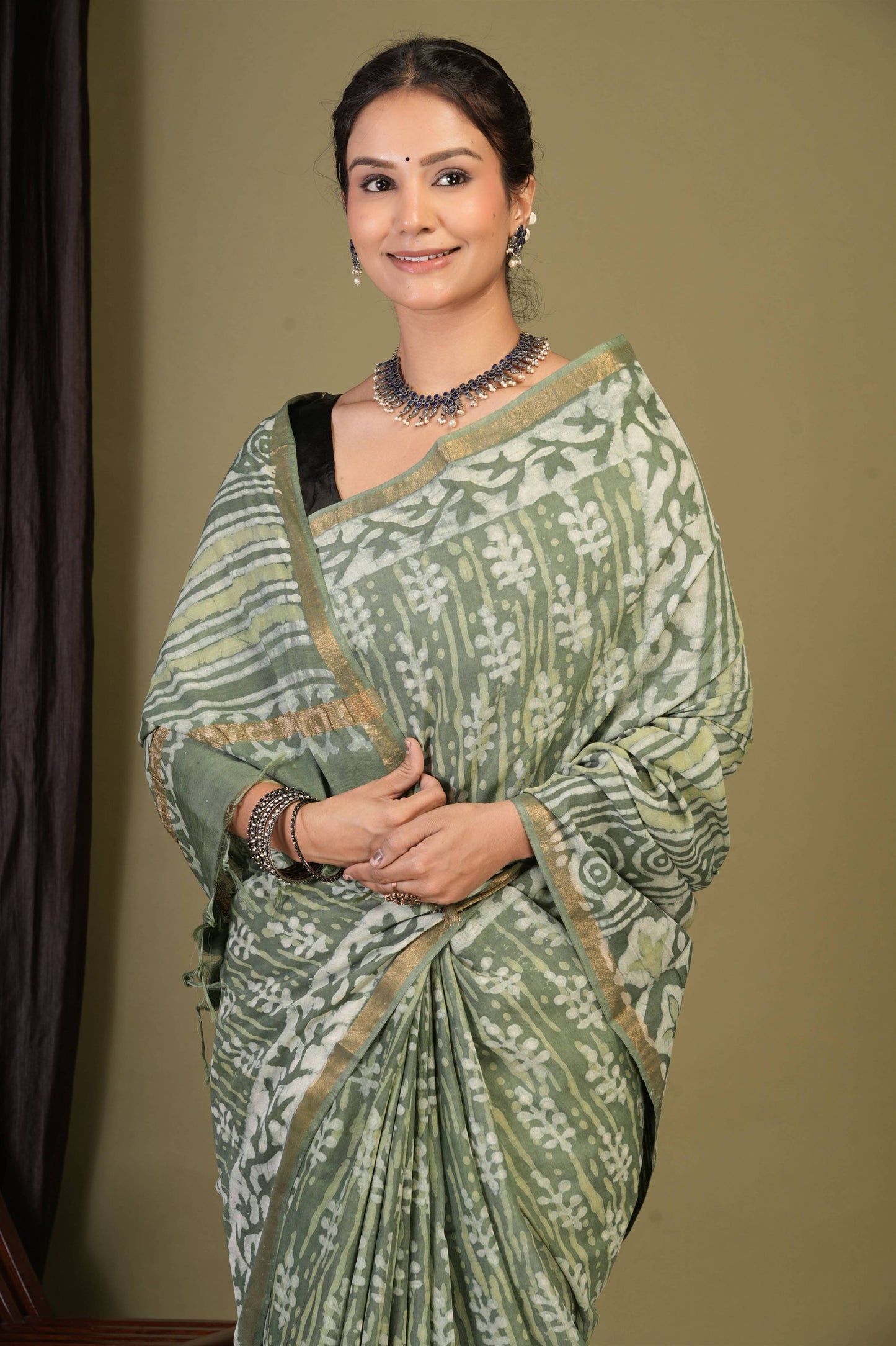 Anuttara Bhagalpuri Sage Green Cotton Silk Dabu Print (Hand Block) Saree with Unstitched Blouse_AFS1403-FS