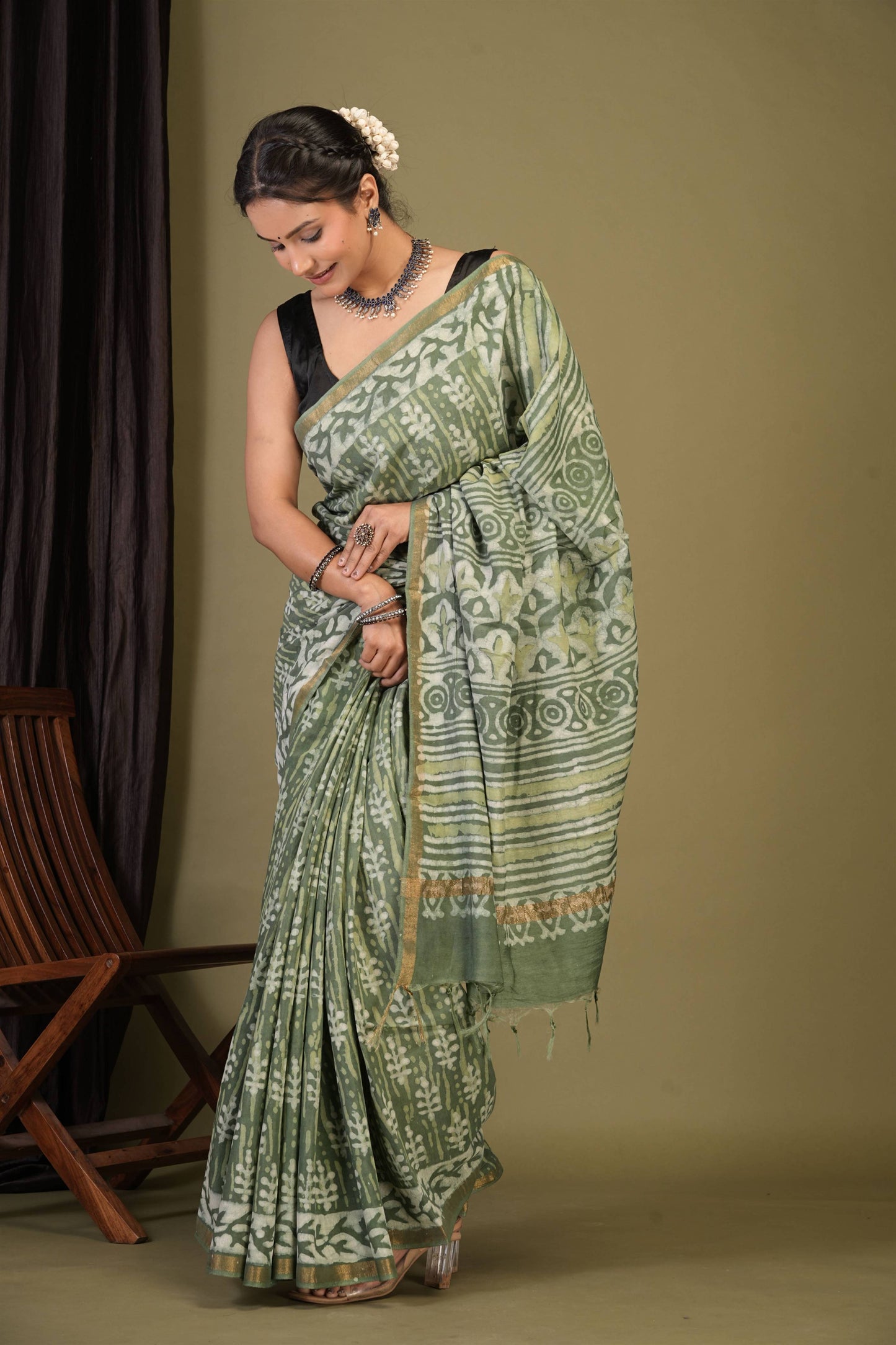 Anuttara Bhagalpuri Sage Green Cotton Silk Dabu Print (Hand Block) Saree with Unstitched Blouse_AFS1403-FS