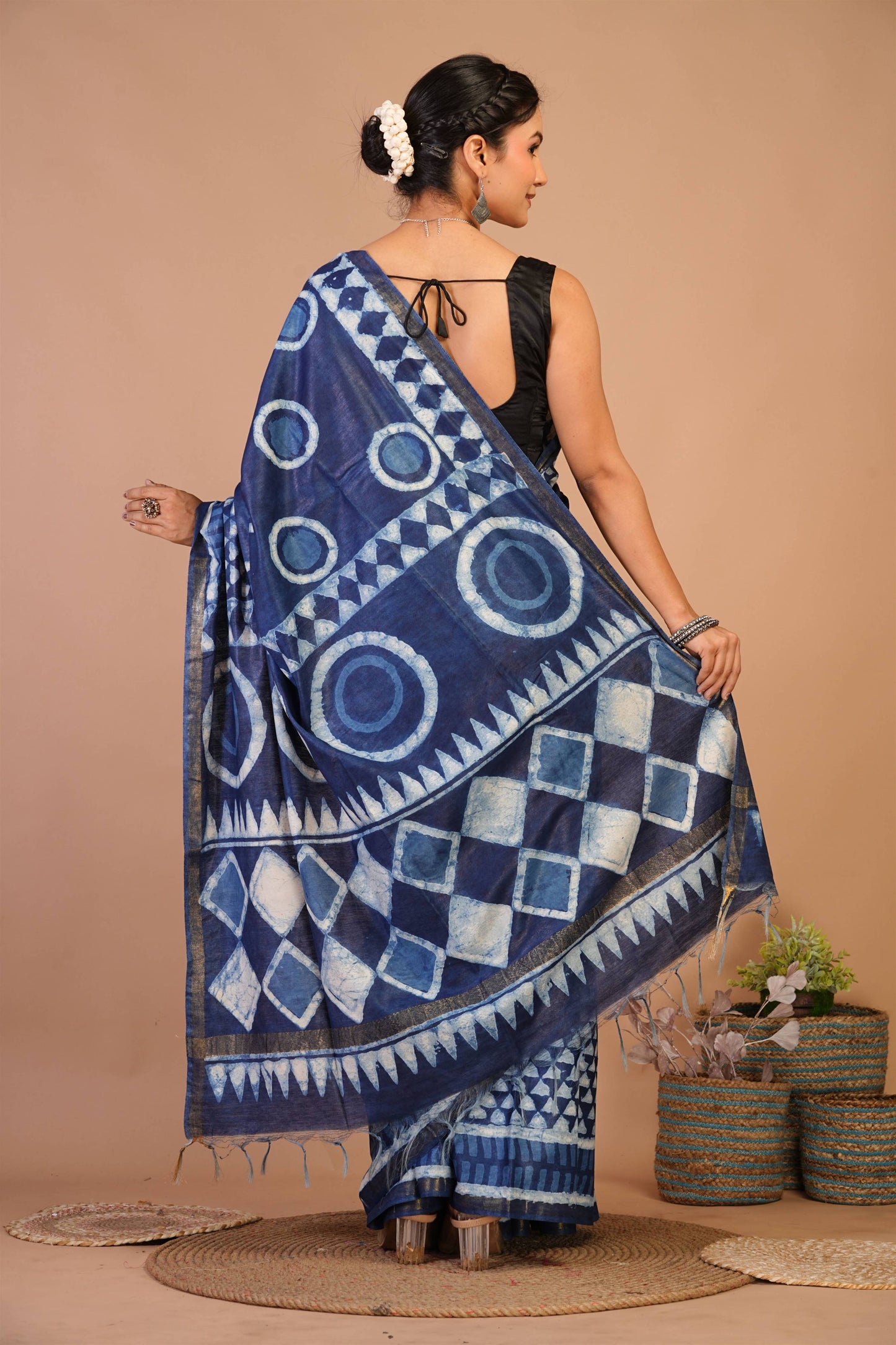 Anuttara Bhagalpuri Navy Blue Cotton Silk Dabu Print (Hand Block) Saree with Unstitched Blouse_AFS1404-FS