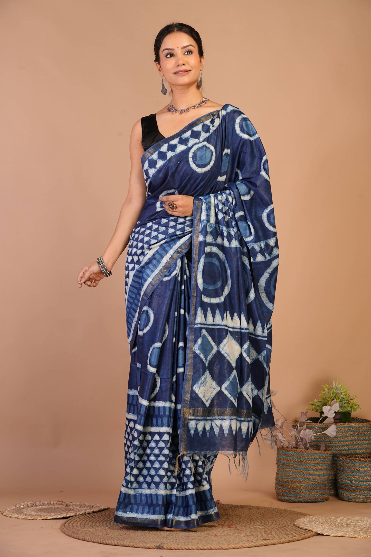 Anuttara Bhagalpuri Navy Blue Cotton Silk Dabu Print (Hand Block) Saree with Unstitched Blouse_AFS1404-FS