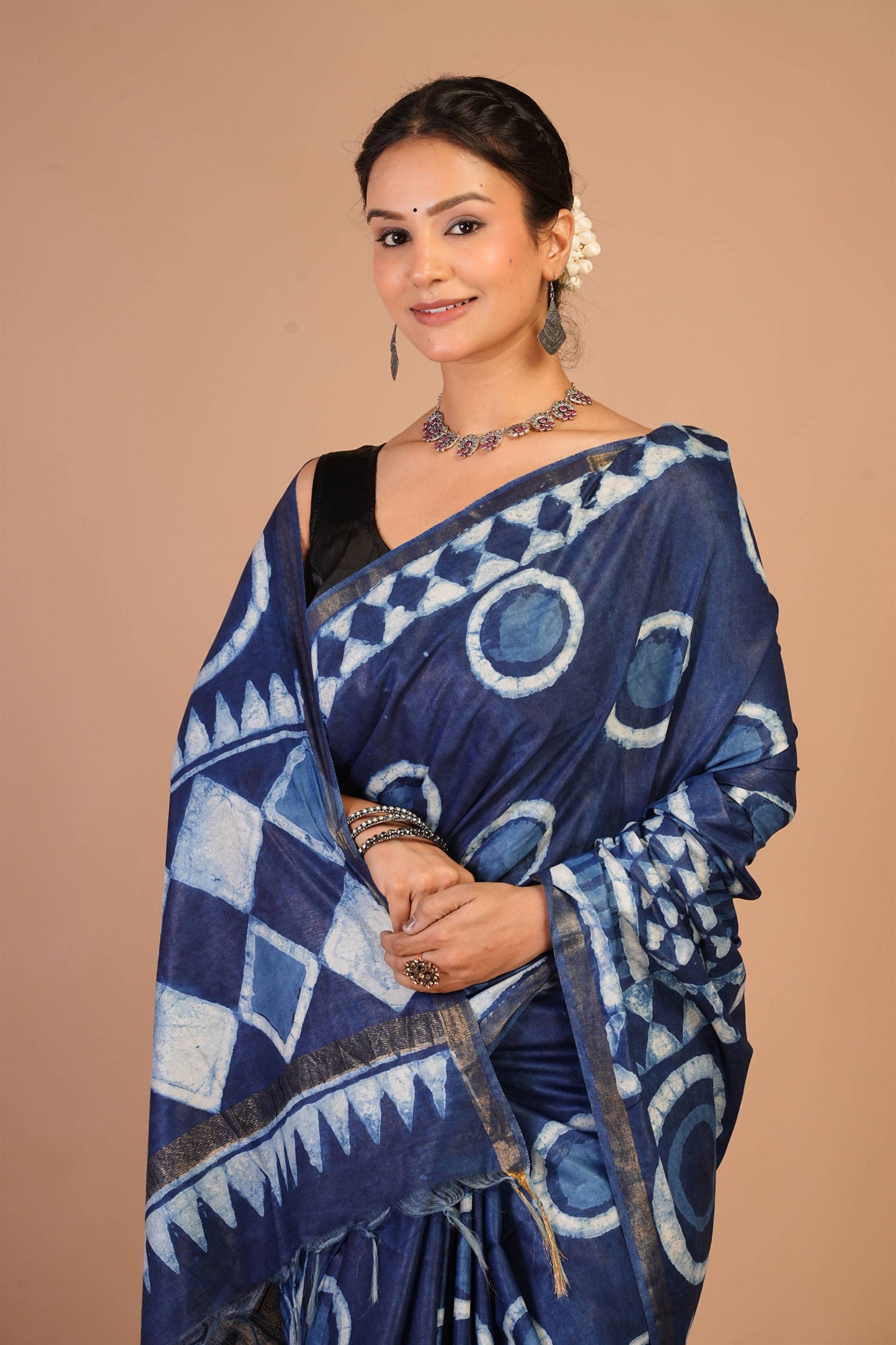 Anuttara Bhagalpuri Navy Blue Cotton Silk Dabu Print (Hand Block) Saree with Unstitched Blouse_AFS1404-FS