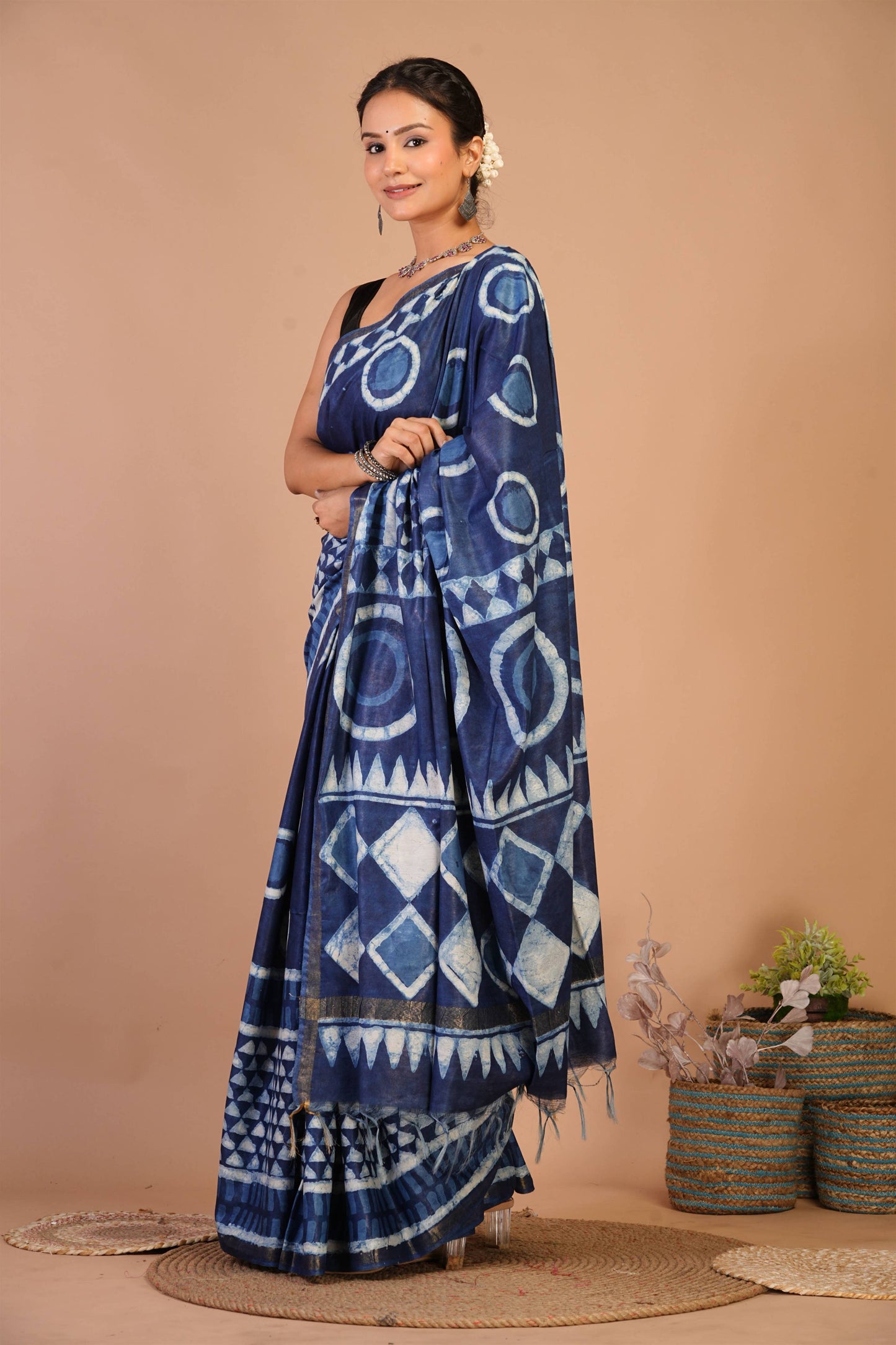 Anuttara Bhagalpuri Navy Blue Cotton Silk Dabu Print (Hand Block) Saree with Unstitched Blouse_AFS1404-FS