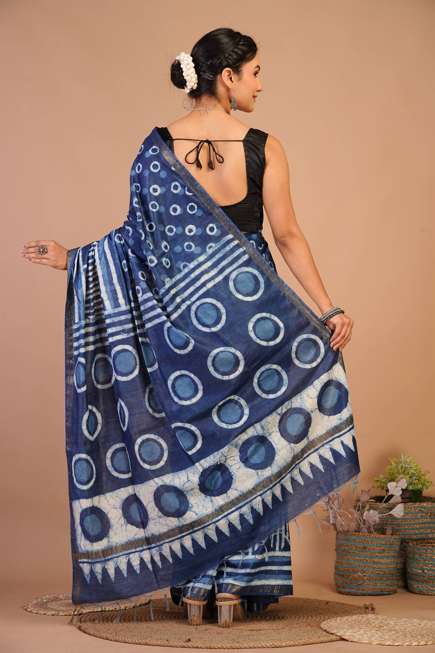 Anuttara Bhagalpuri Navy Blue Cotton Silk Dabu Print (Hand Block) Saree with Unstitched Blouse_AFS1405-FS