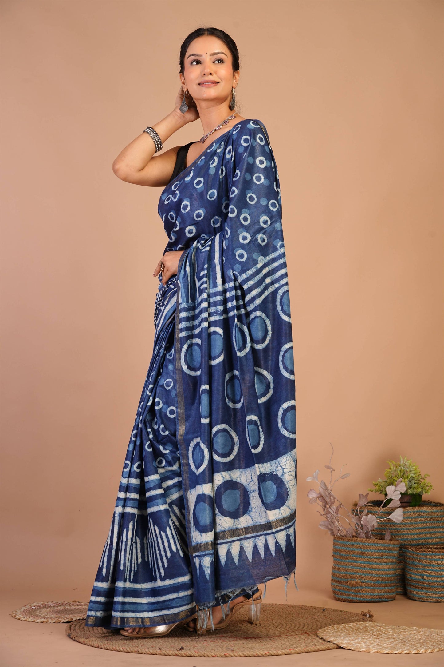 Anuttara Bhagalpuri Navy Blue Cotton Silk Dabu Print (Hand Block) Saree with Unstitched Blouse_AFS1405-FS