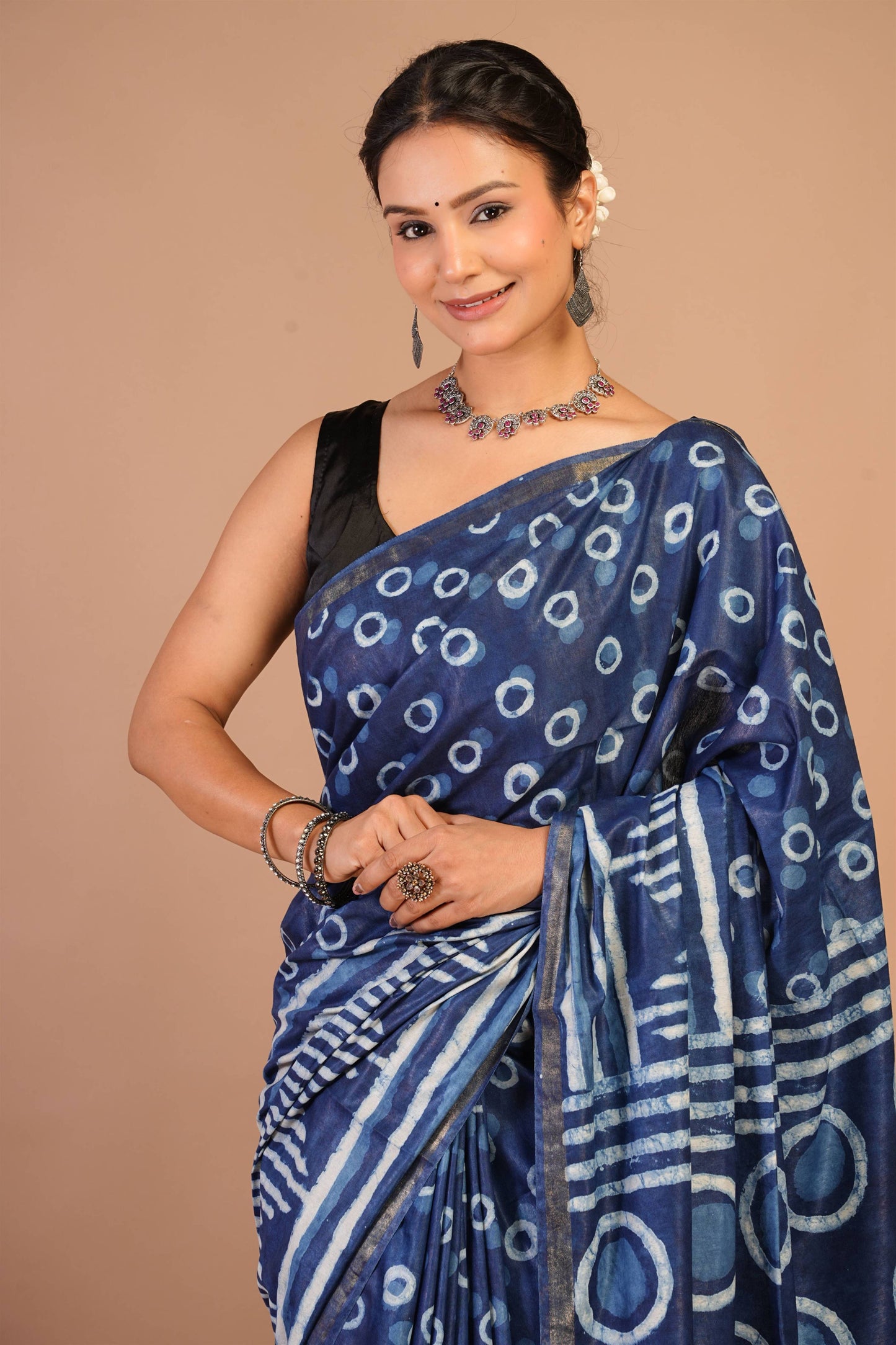 Anuttara Bhagalpuri Navy Blue Cotton Silk Dabu Print (Hand Block) Saree with Unstitched Blouse_AFS1405-FS