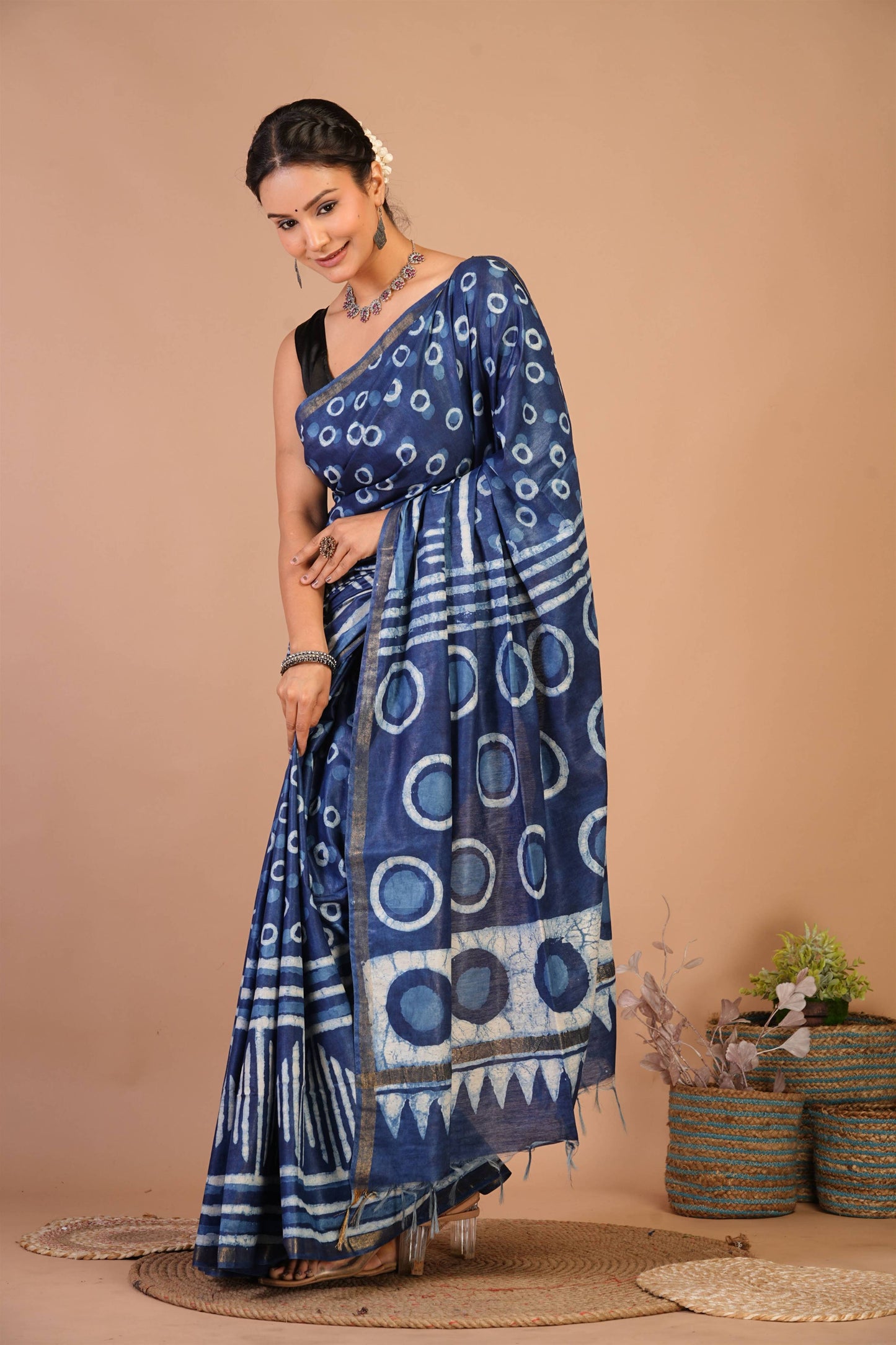 Anuttara Bhagalpuri Navy Blue Cotton Silk Dabu Print (Hand Block) Saree with Unstitched Blouse_AFS1405-FS