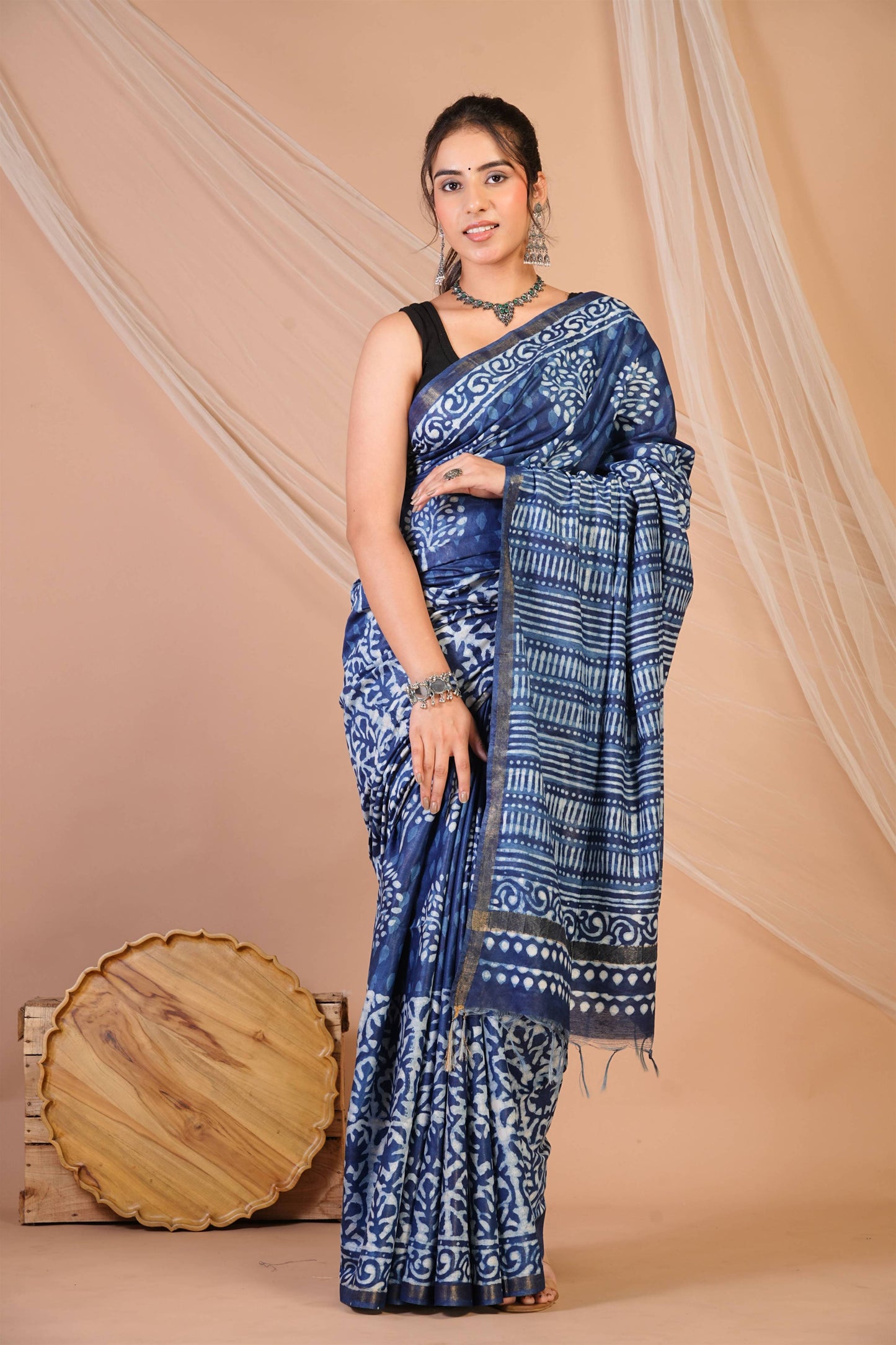 Anuttara Bhagalpuri Navy Blue Cotton Silk Dabu Print (Hand Block) Saree with Unstitched Blouse_AFS1406-FS